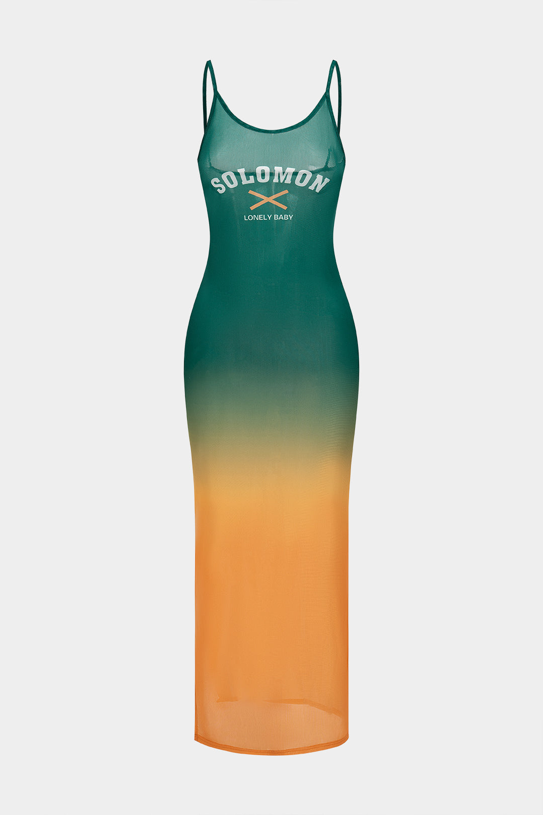 Ombre Mesh Maxi Dress with Letters, Sleeveless, Slit