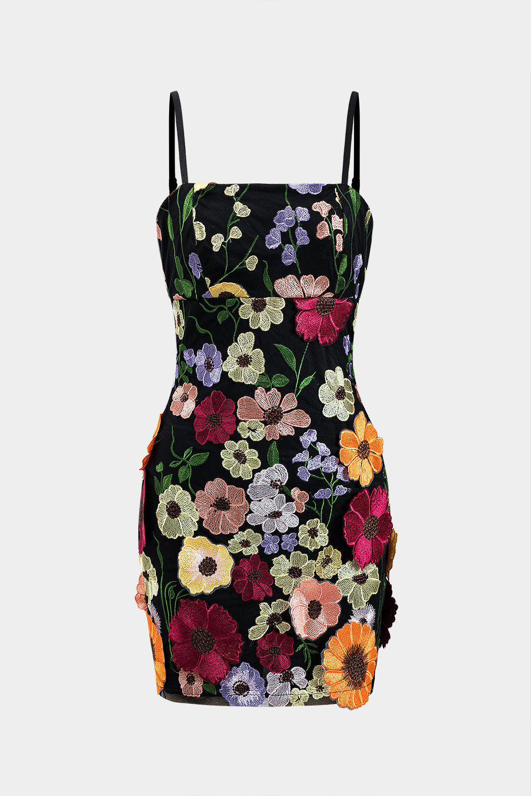 Mini Dress with Zipper and 3D Floral Embroidery