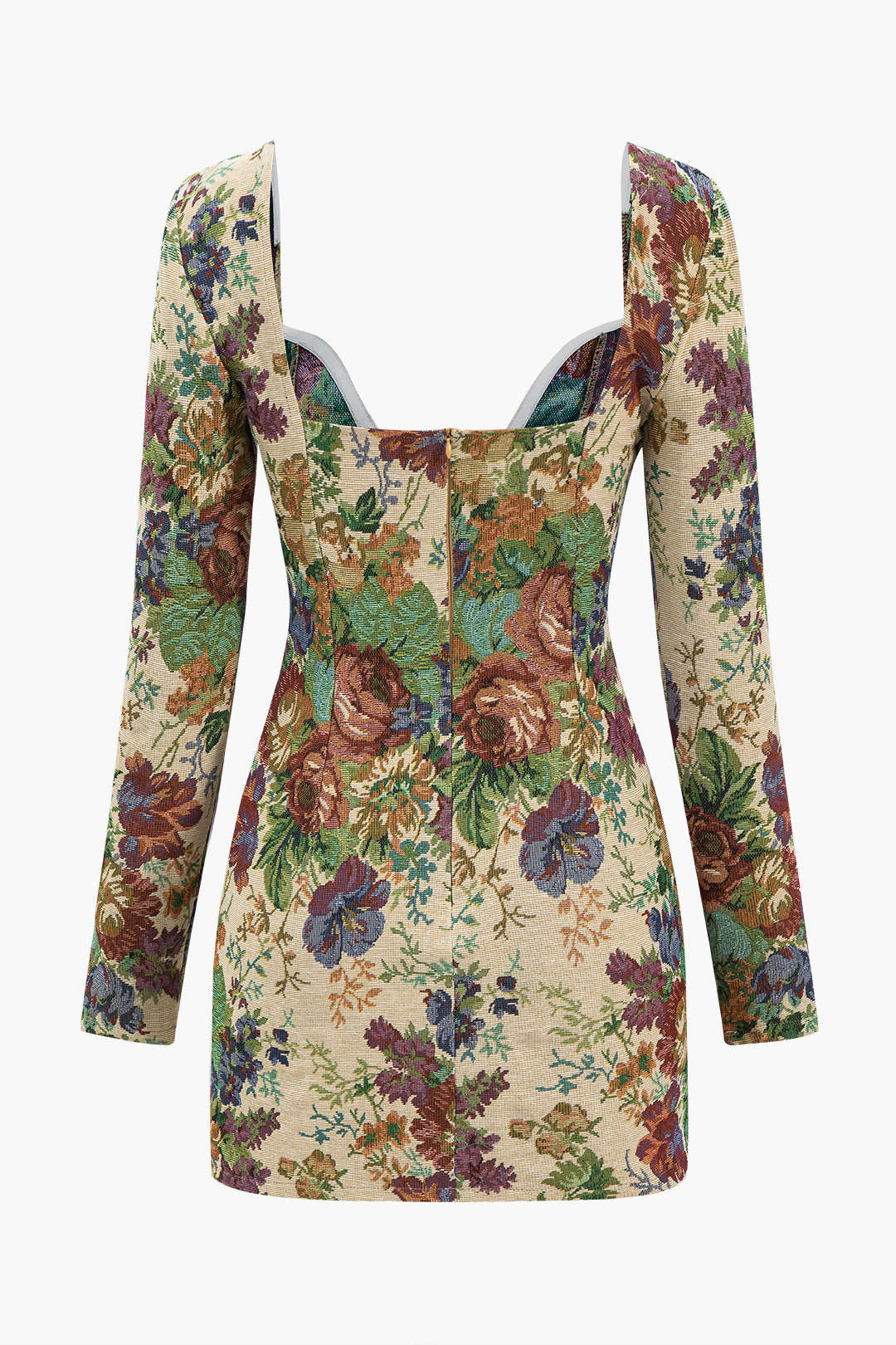 Floral long sleeve mini dress with zip at V-neck