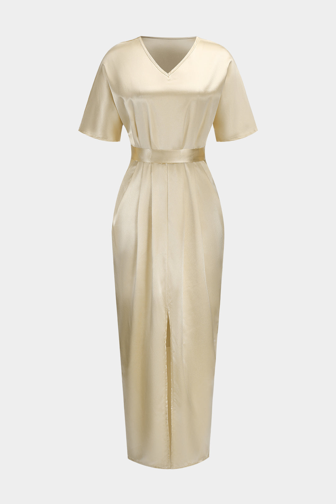Satin-Midikleid mit V-Ausschnitt, Schlitz und kurzen Ärmeln