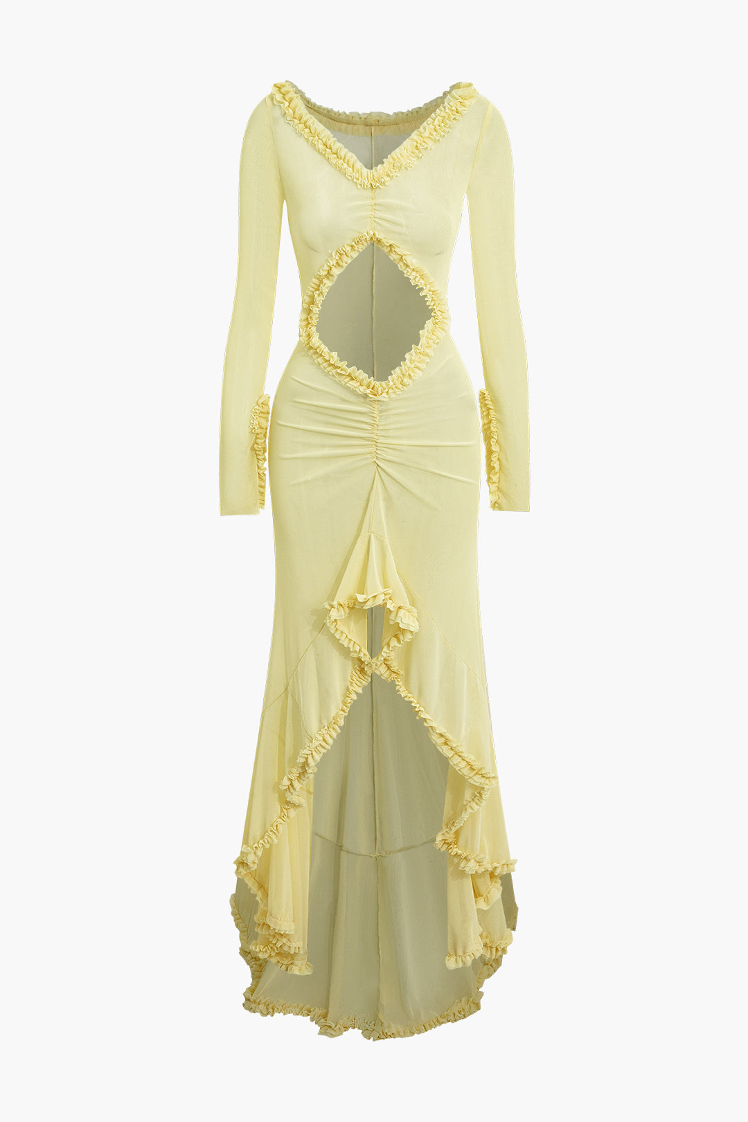 Maxikleid mit Rüschen und Raffungen