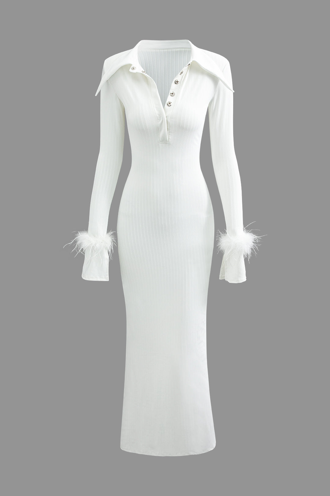 Maxikleid mit Kragen, Knöpfen und gerippten Puffärmeln