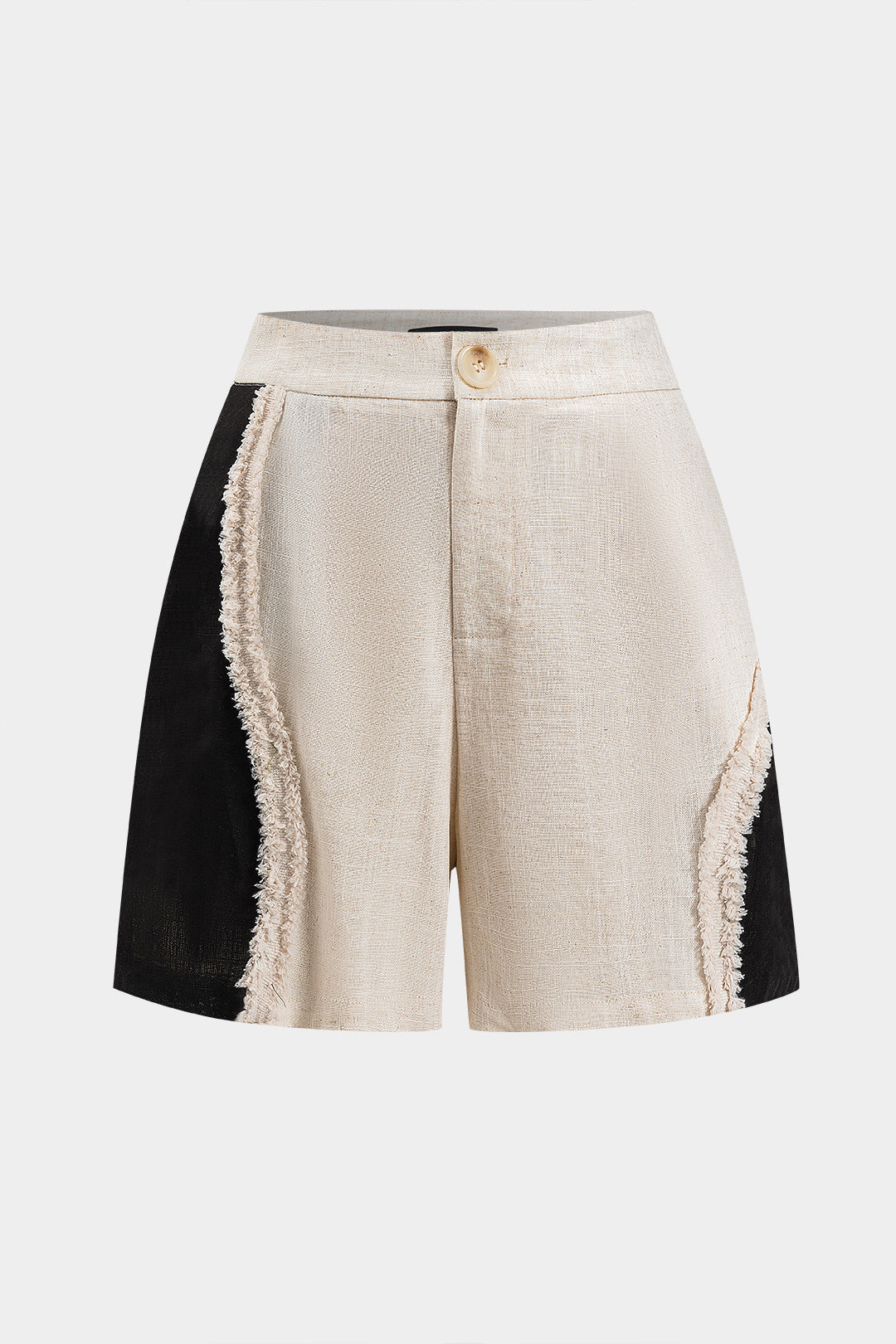 Asymmetrische Leinenshorts in kontrastierendem Muster mit Patchwork-Knöpfen