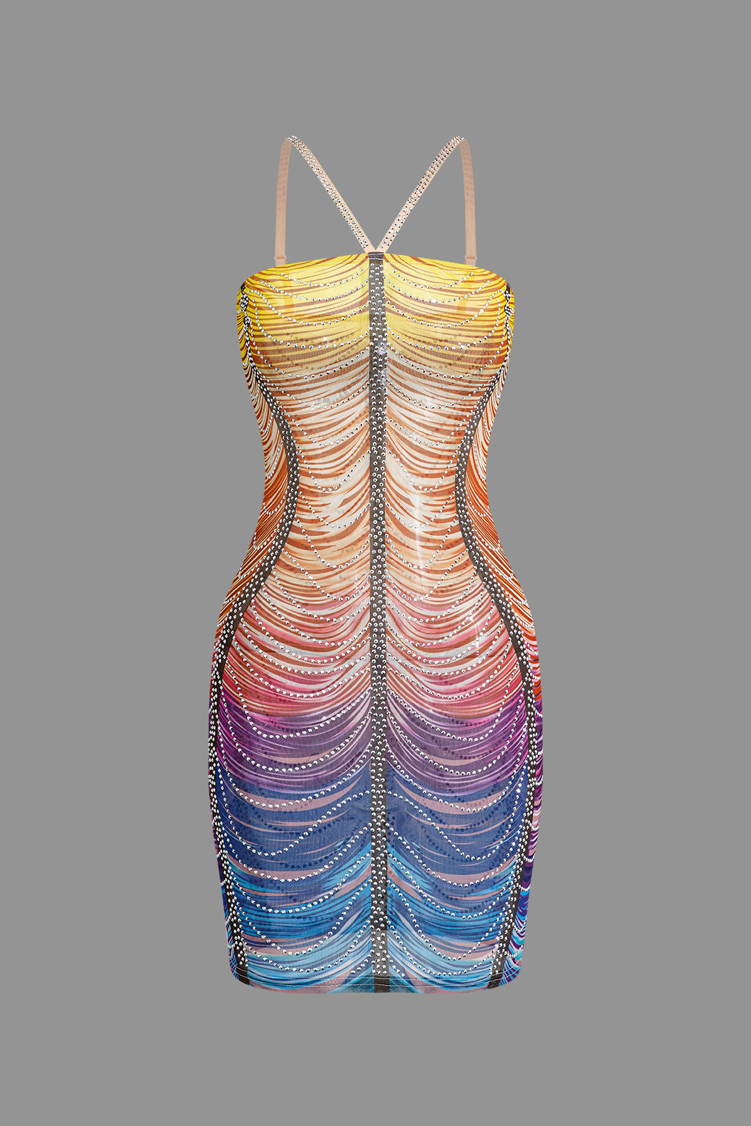 Mini Sukienka Bodycon z Kryształkami w Tęczowych Kolorach