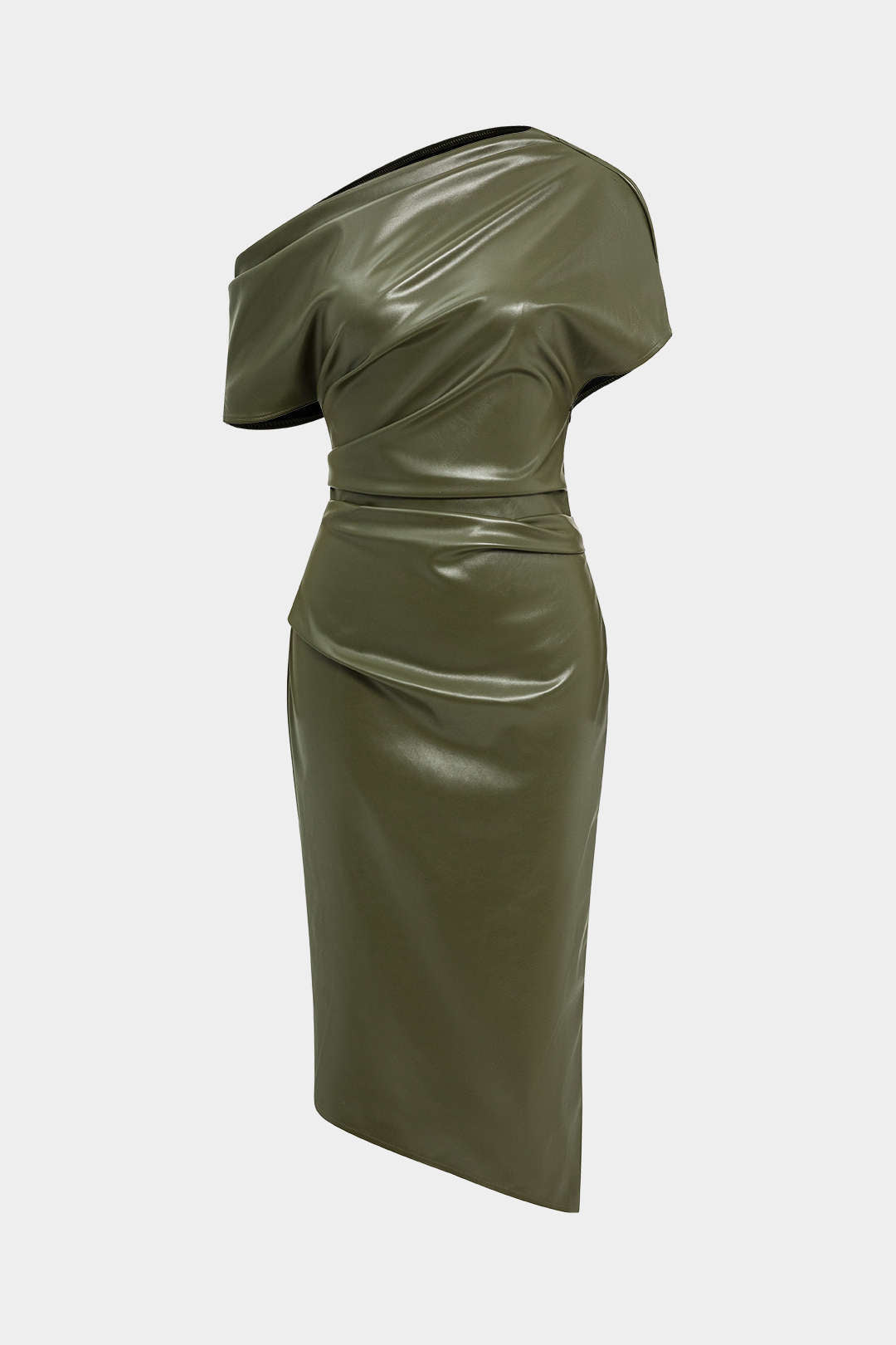Asymmetric one-shoulder faux leather bodycon dress