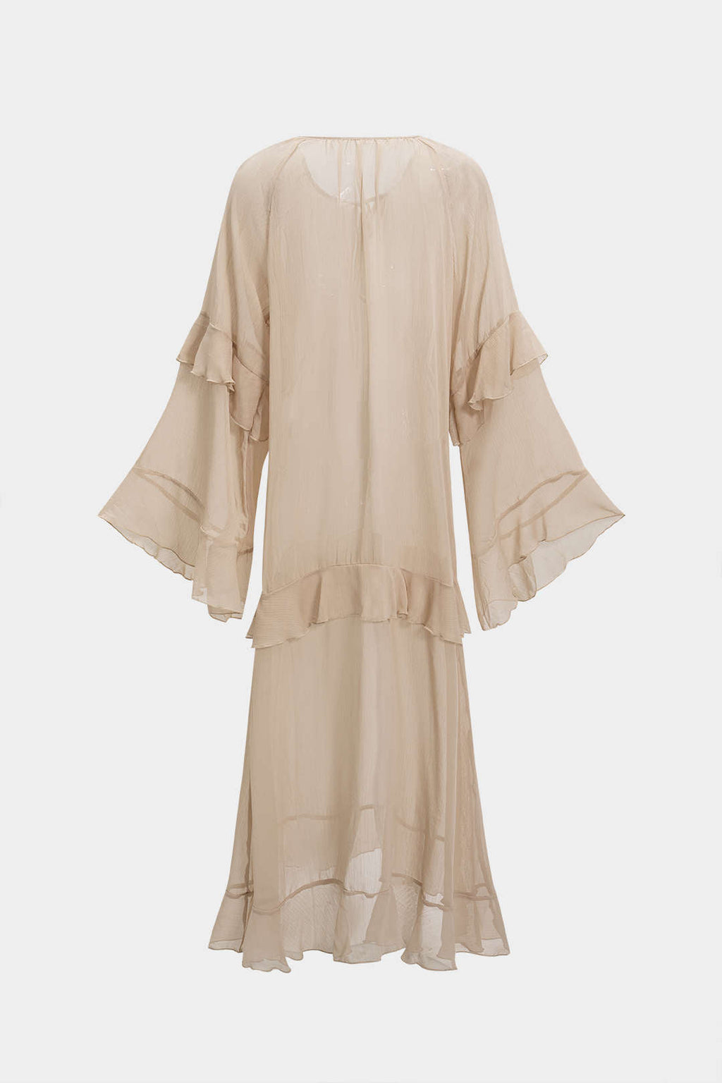 Mesh-Maxikleid mit V-Ausschnitt und Rüschen, lange Ärmel