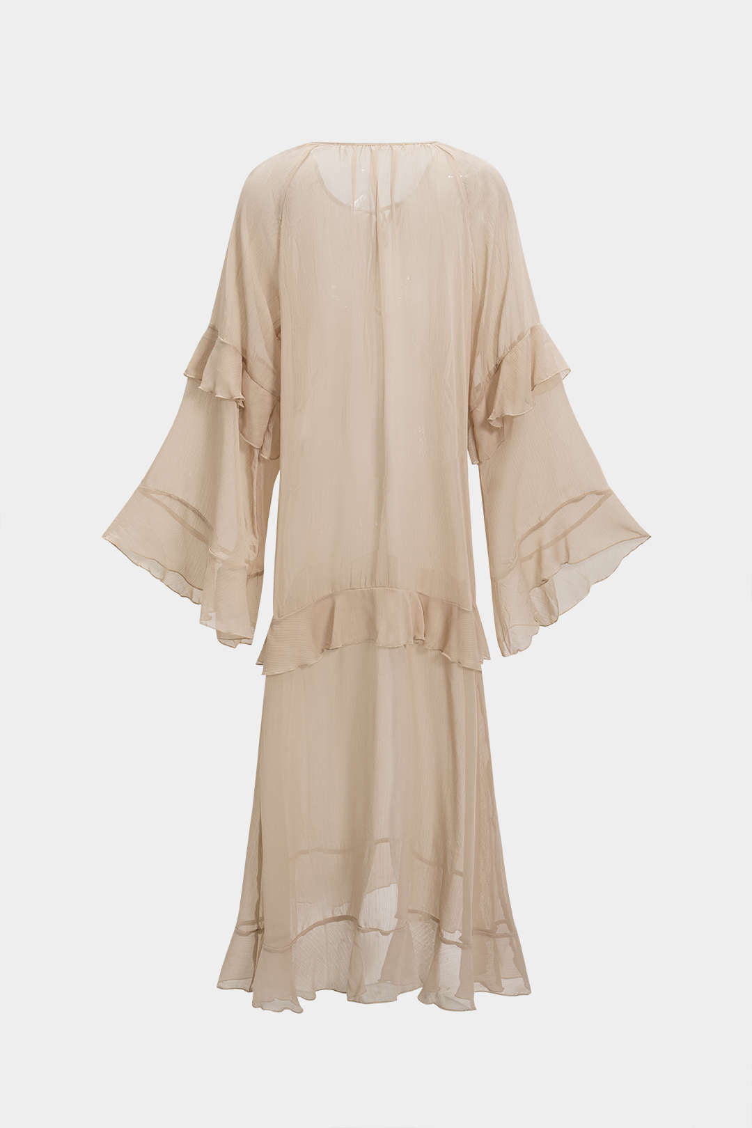 Mesh-Maxikleid mit V-Ausschnitt und Rüschen, lange Ärmel