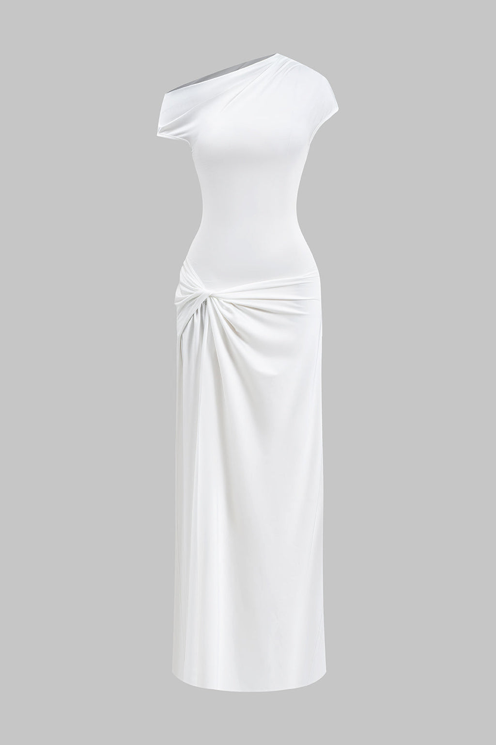 Asymmetric midi dress with ruffle and knot, short sleeve, slit