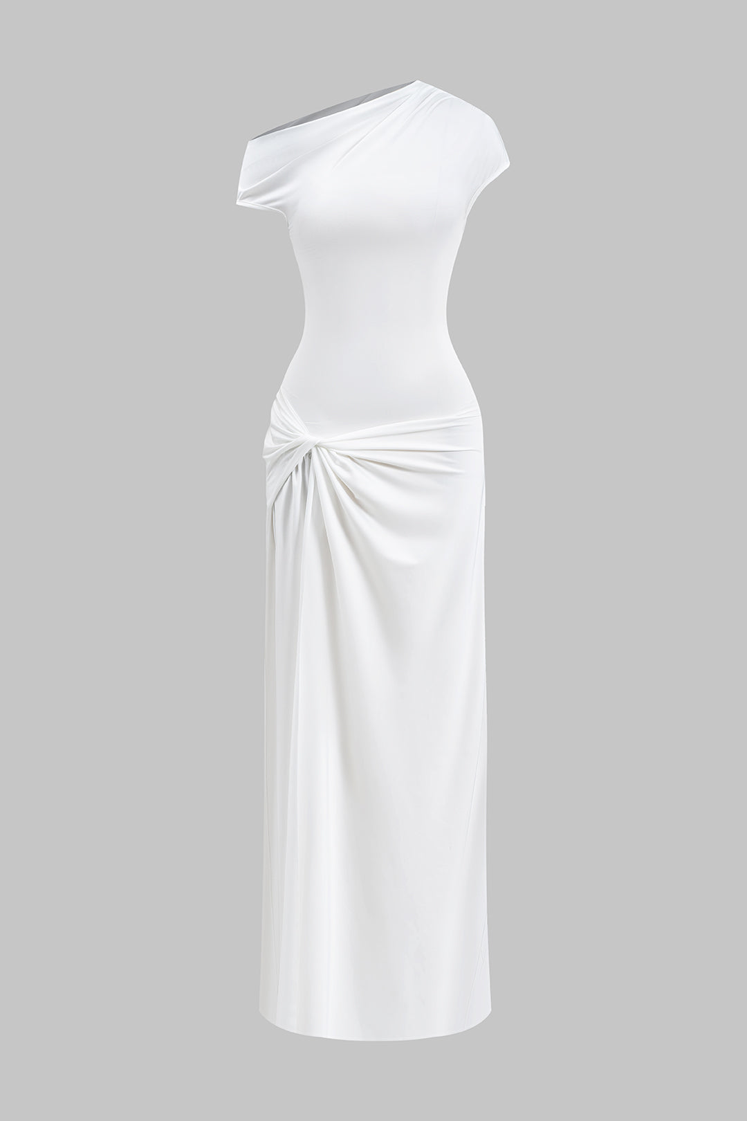 Asymmetric midi dress with ruffle and knot, short sleeve, slit