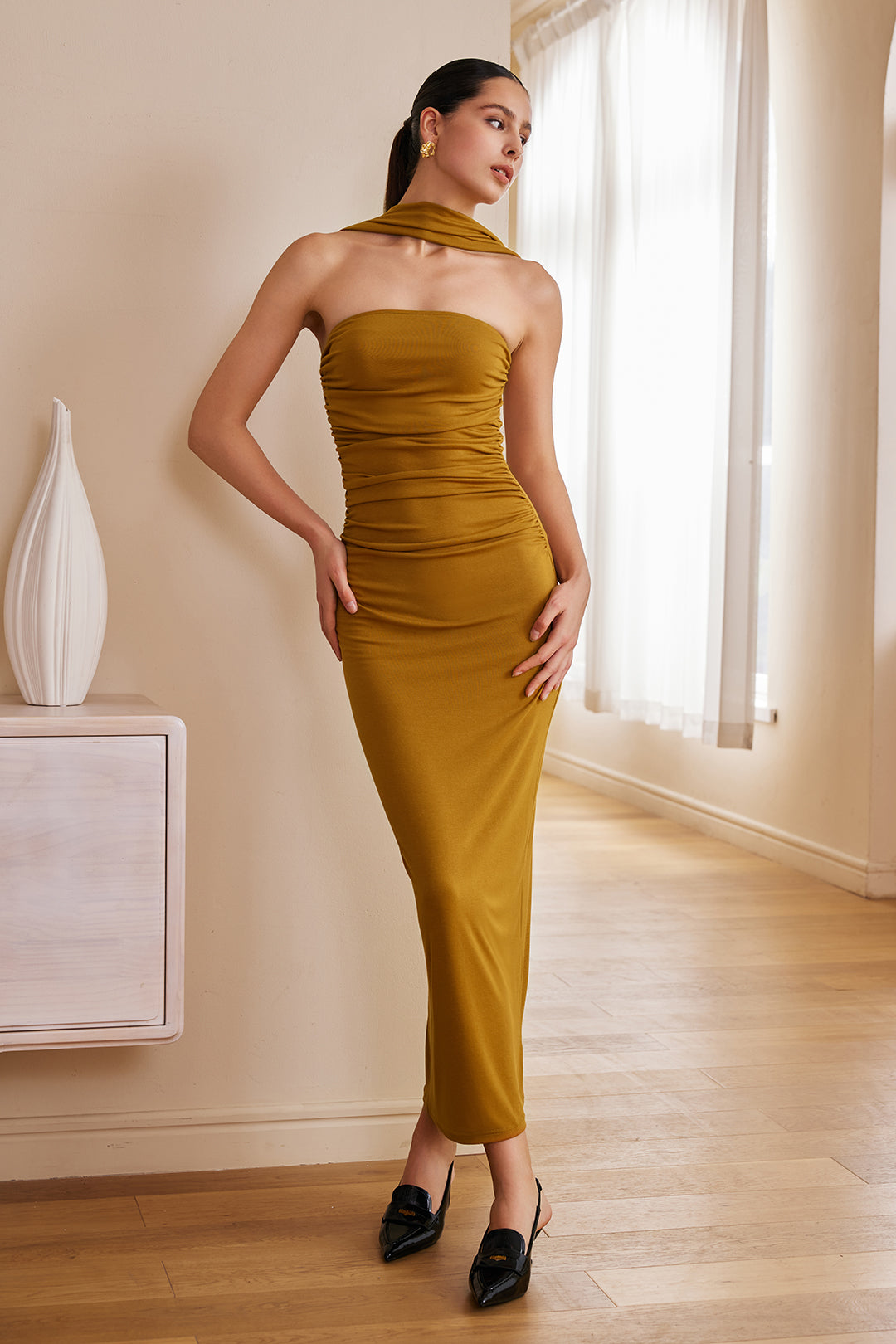 Cut-Out Halter Midi Dress in Solid Color