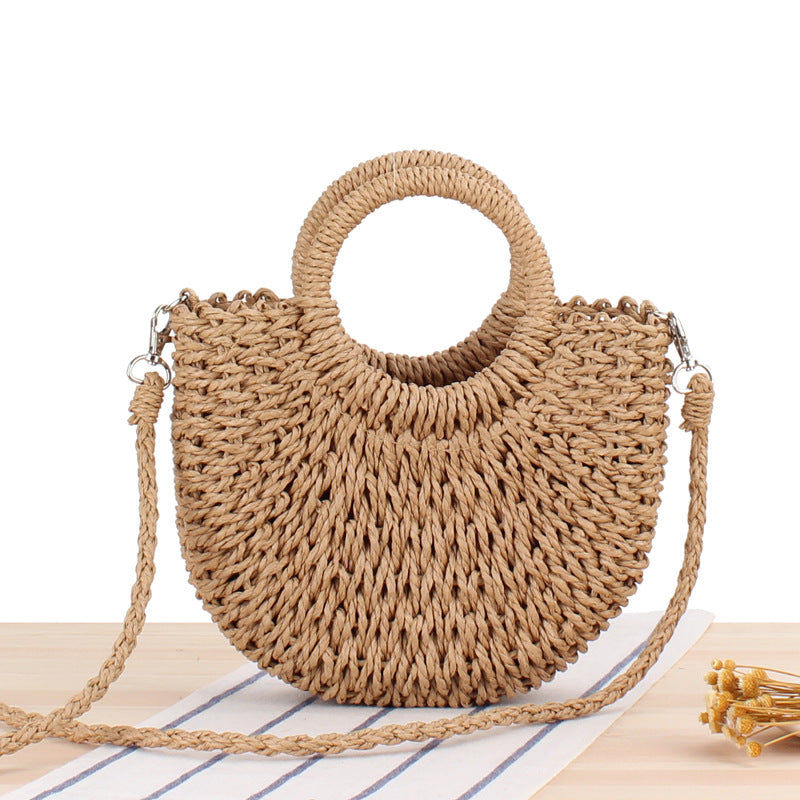 Retro Coin Buckle Handbag: Woven Cotton Rope with Round Rattan Handle and Diamond Cut Design