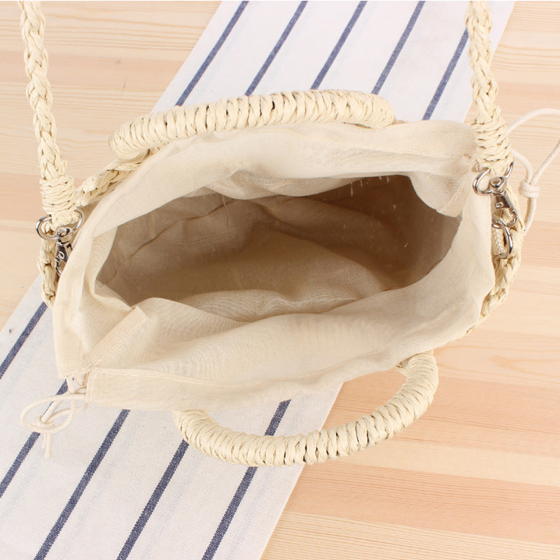 Retro Coin Buckle Handbag: Woven Cotton Rope with Round Rattan Handle and Diamond Cut Design