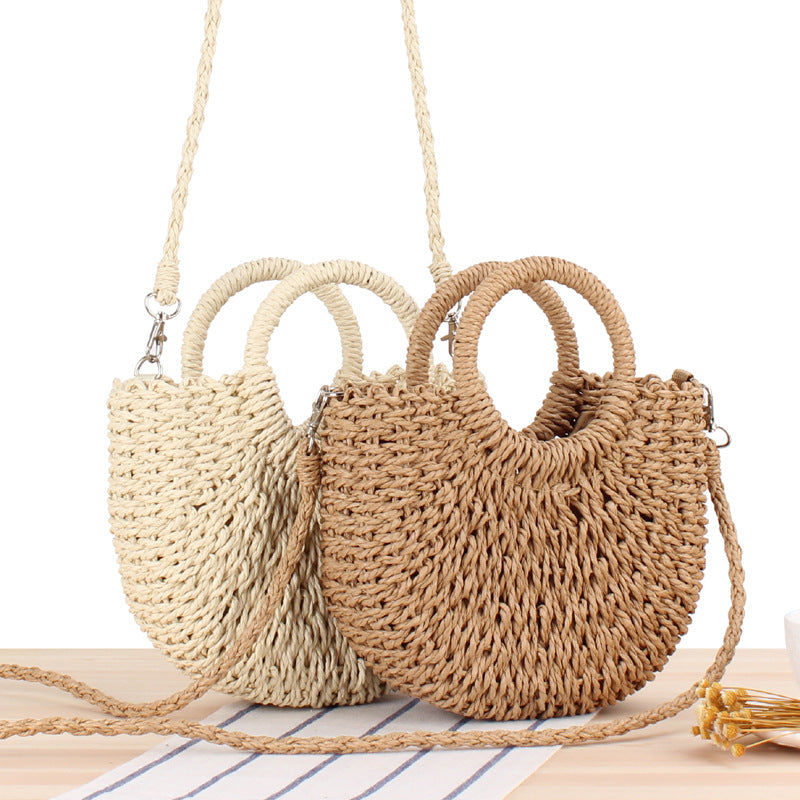 Retro Coin Buckle Handbag: Woven Cotton Rope with Round Rattan Handle and Diamond Cut Design