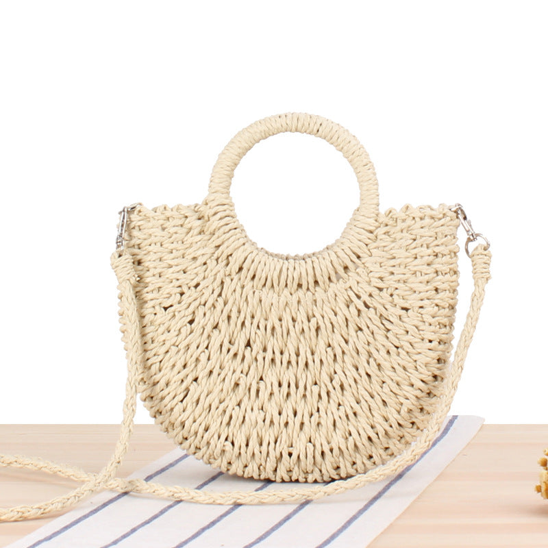 Retro Coin Buckle Handbag: Woven Cotton Rope with Round Rattan Handle and Diamond Cut Design