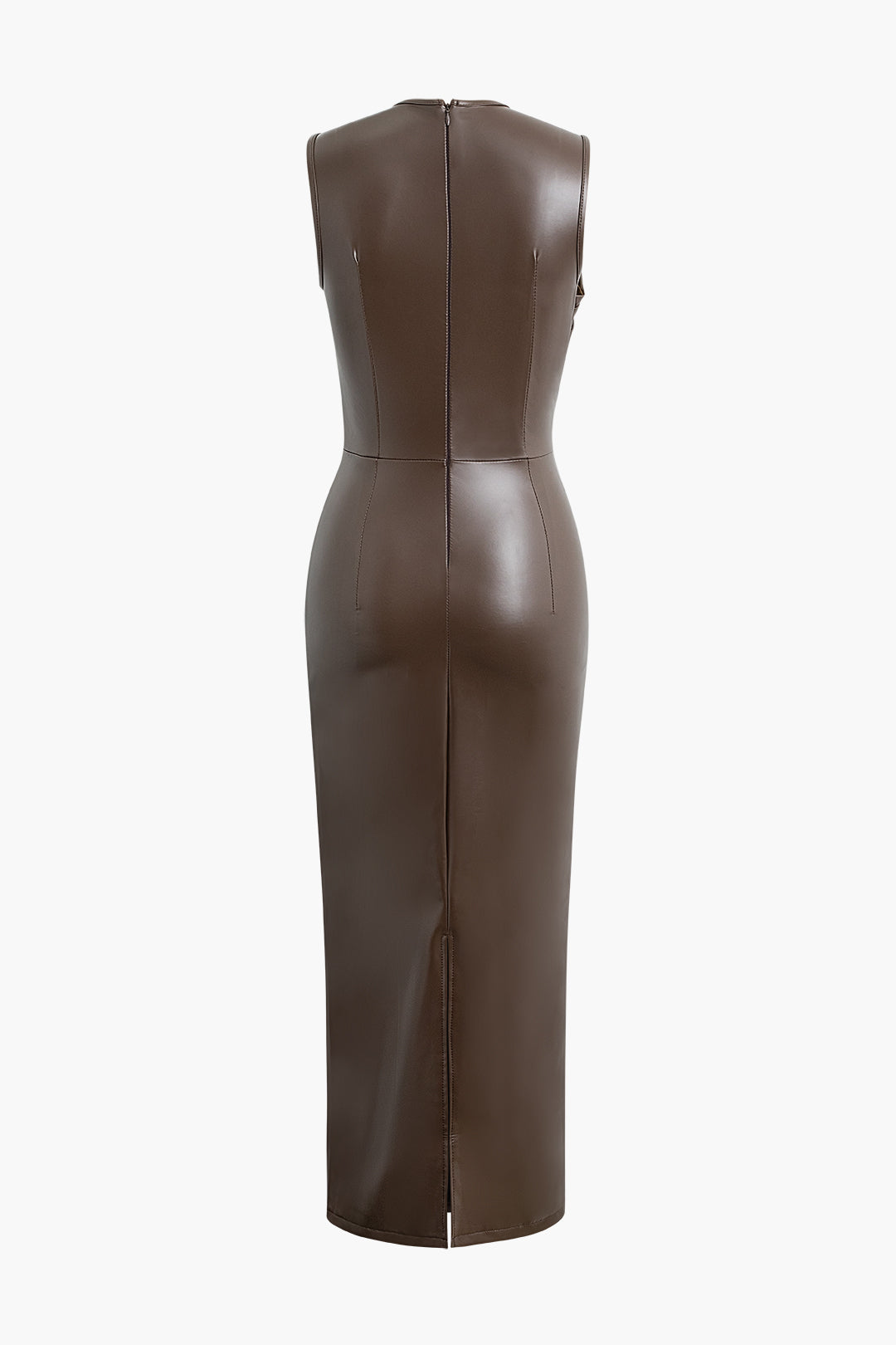 Sleeveless midi dress with gathers and slit in faux leather