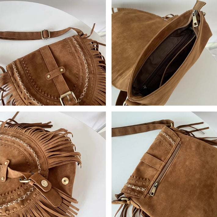 Brązowa torebka crossbody w kowbojskim stylu z frędzlami