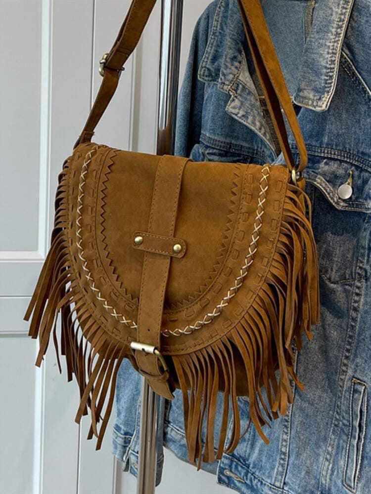 Brązowa torebka crossbody w kowbojskim stylu z frędzlami