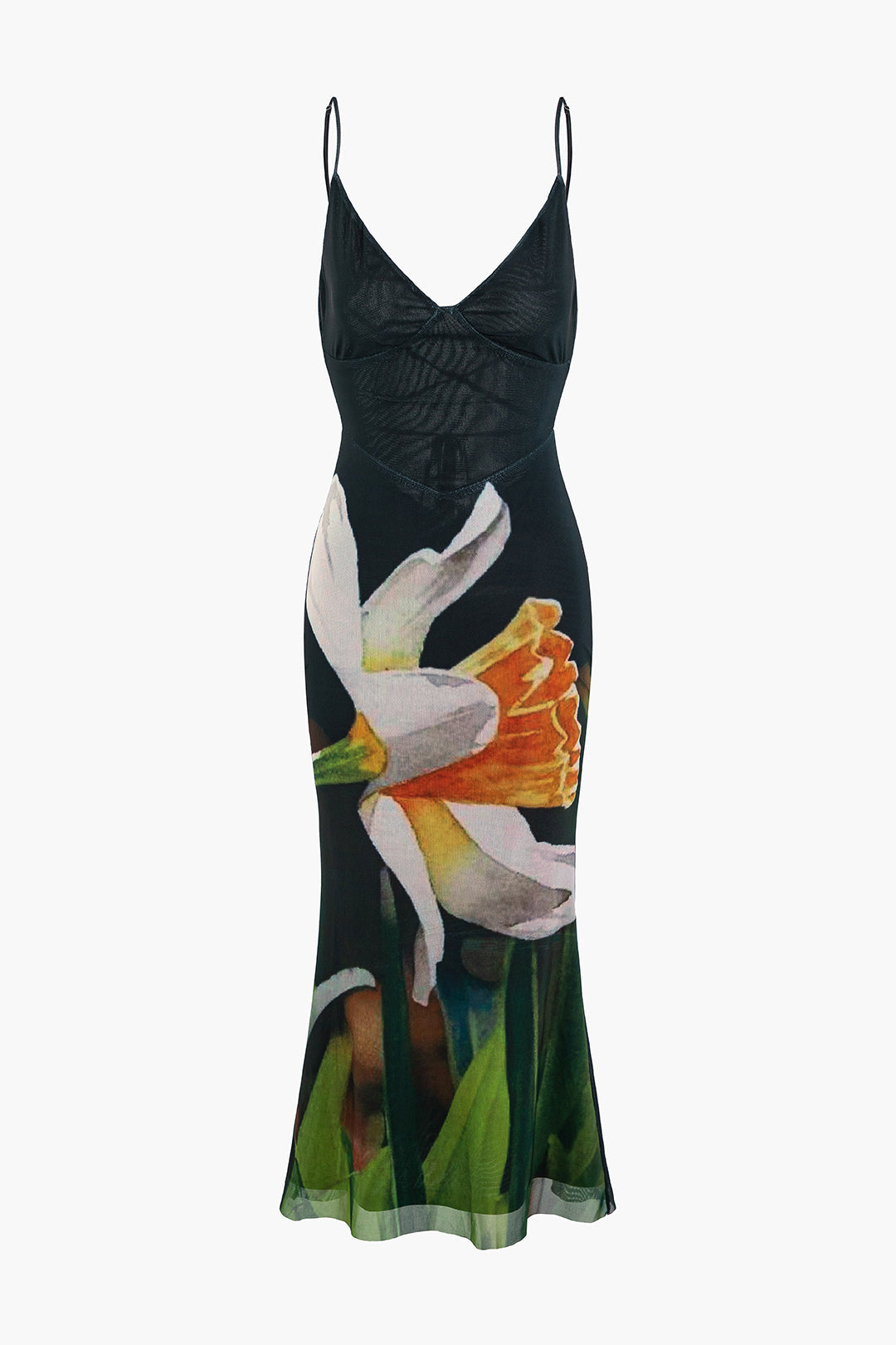 Midi Dress with Floral Print and Cross-Back Mesh Design