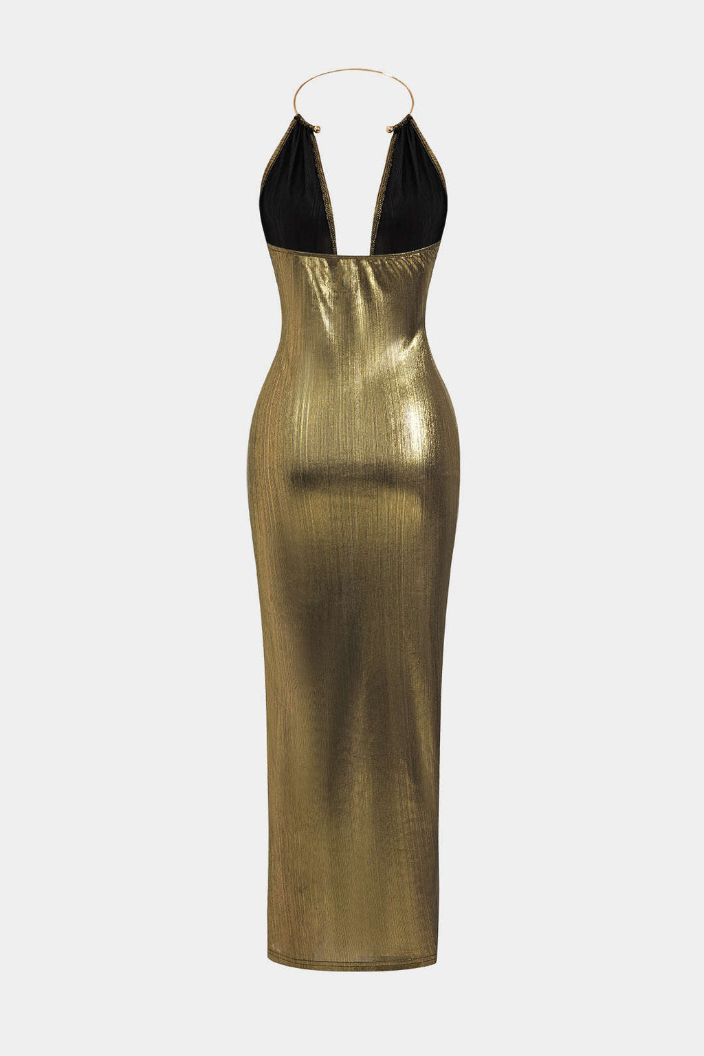 Metallic Midi Dress with Slit and Gathered Back