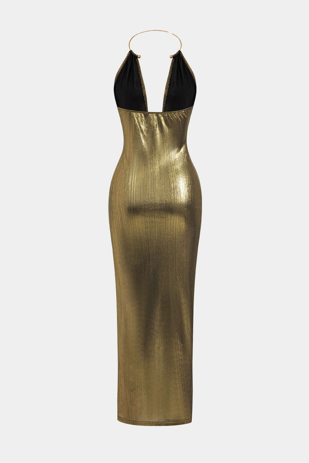 Metallic Midi Dress with Slit and Gathered Back