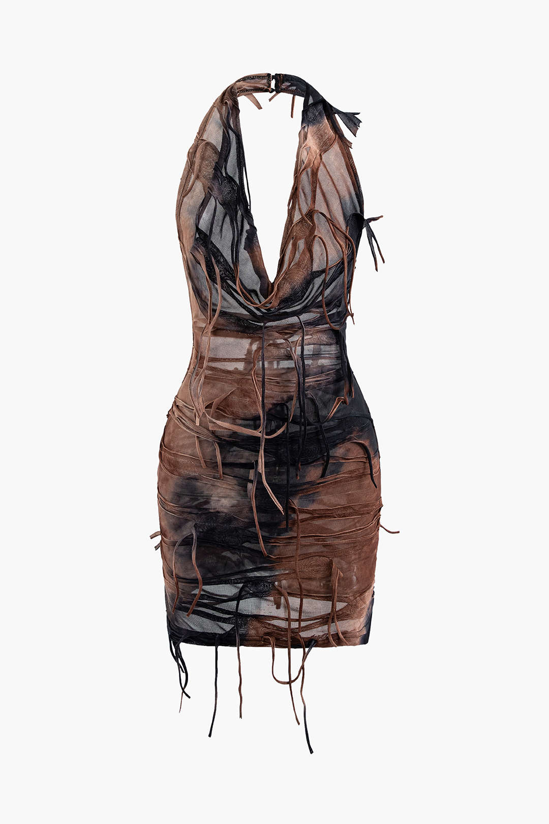 Mini Halter Dress with Backless Design and Distressed Effect