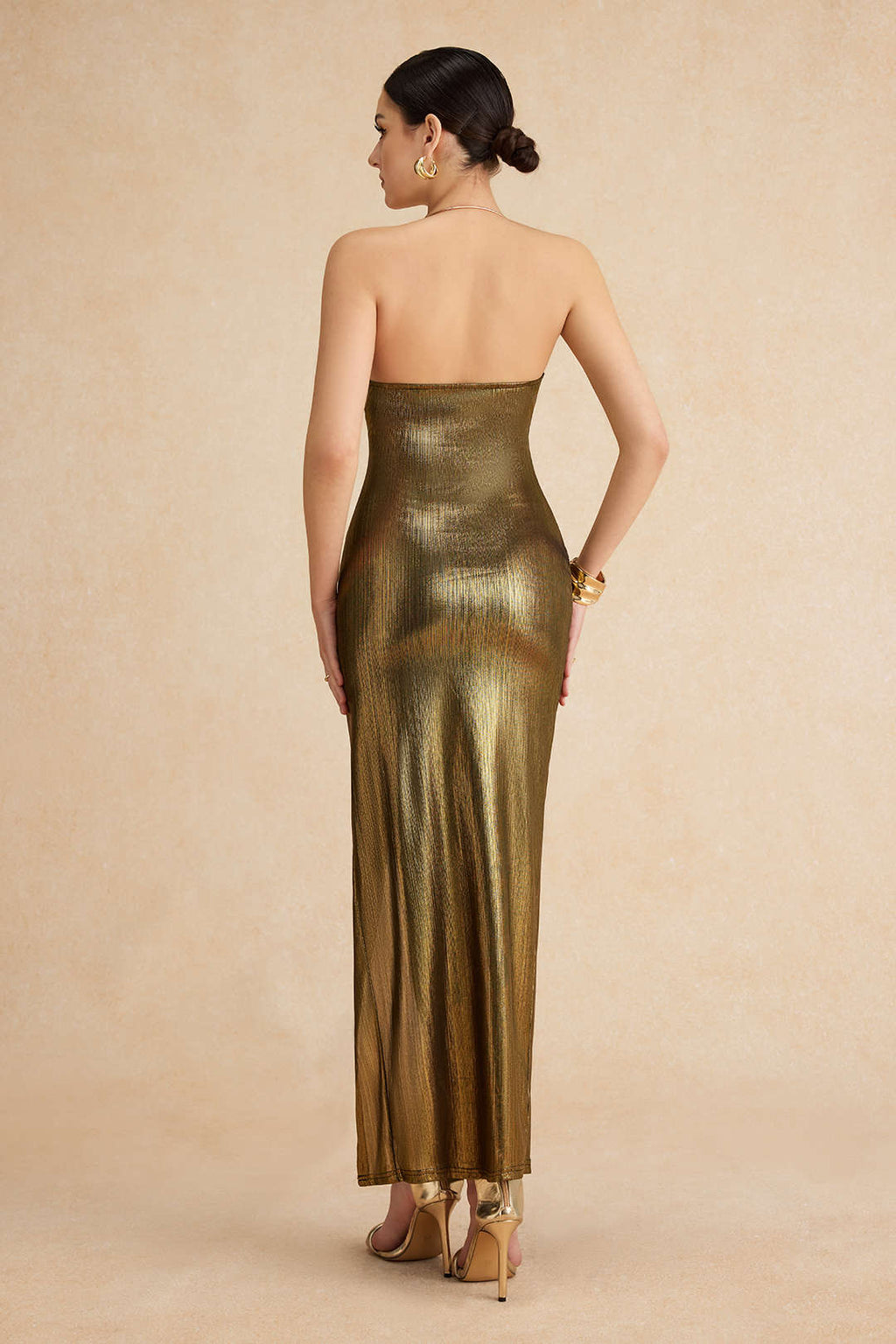 Metallic Midi Dress with Slit and Gathered Back