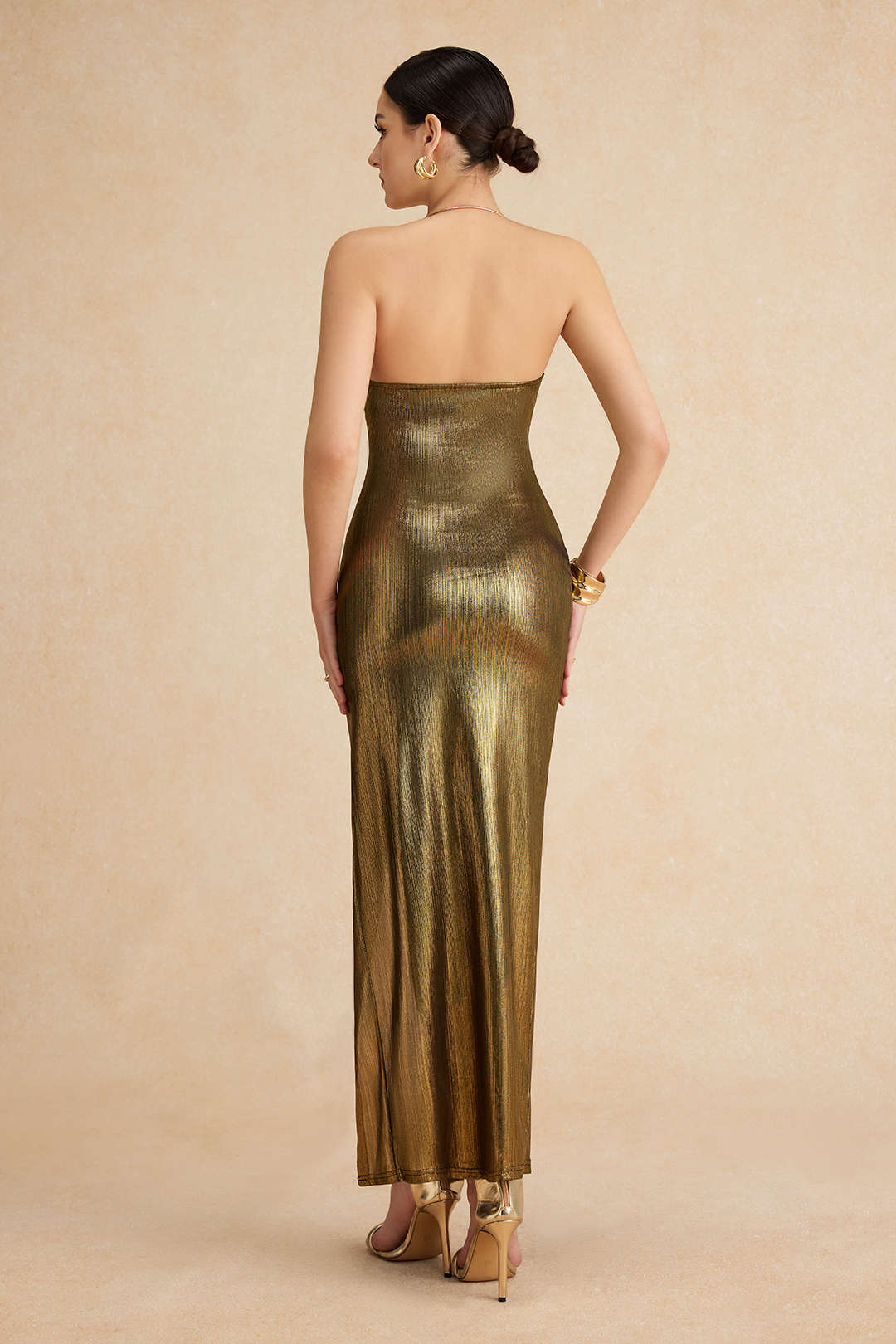 Metallic Midi Dress with Slit and Gathered Back