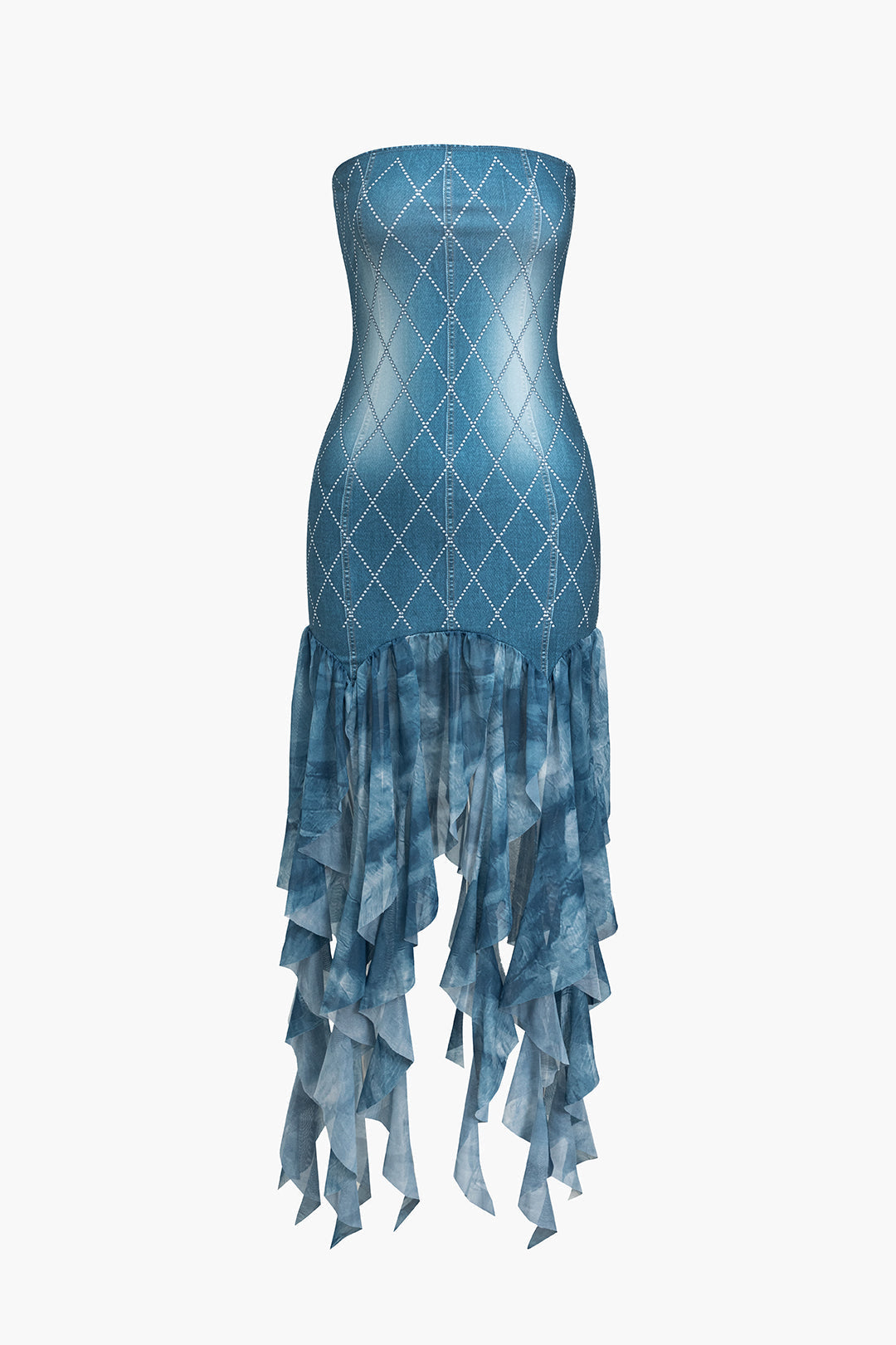 Natiné - Midi sukienka z falbaną i tie dye nadrukiem ozdobiona kryształkami