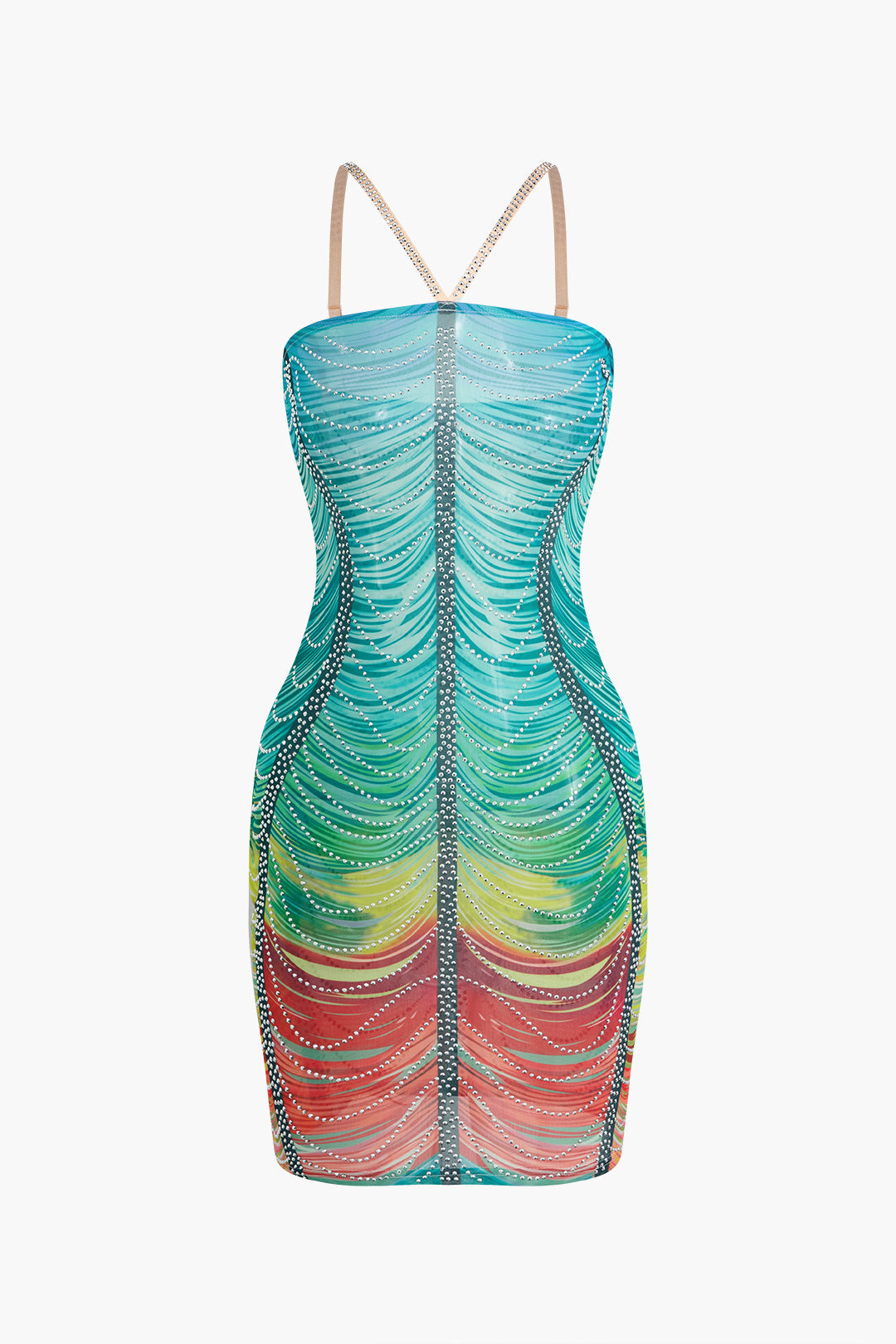 Mini Sukienka Bodycon z Kryształkami w Tęczowych Kolorach