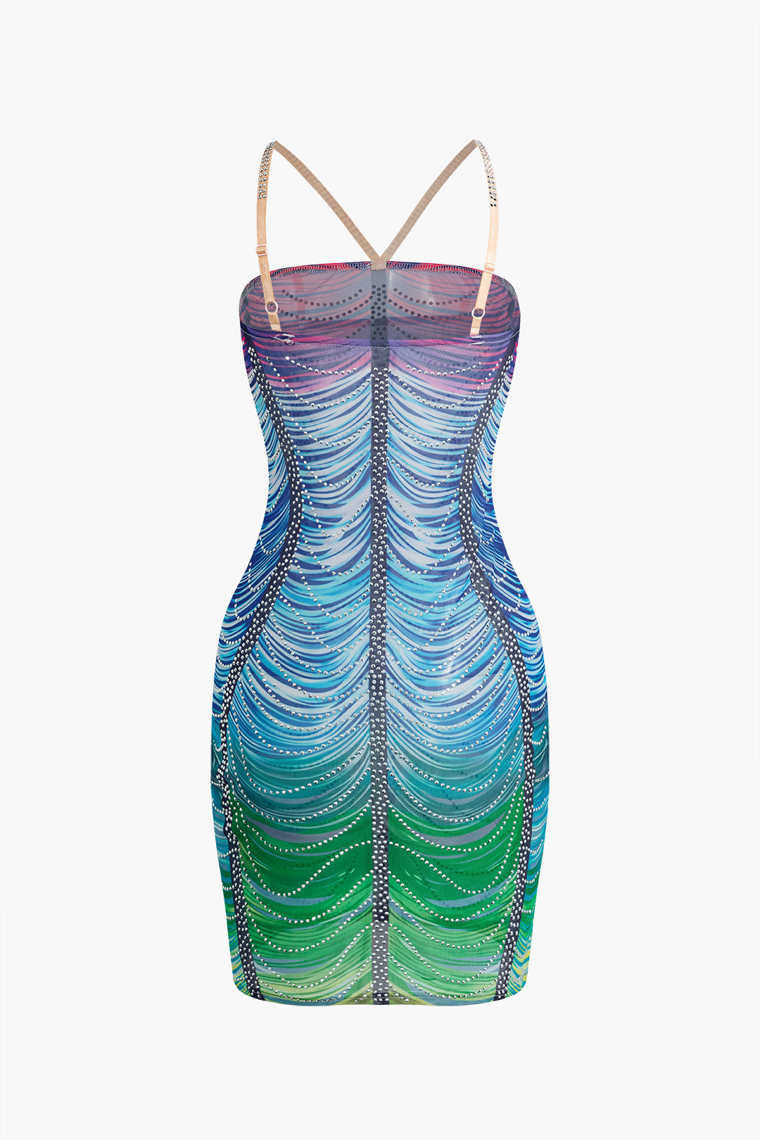 Mini Sukienka Bodycon z Kryształkami w Tęczowych Kolorach