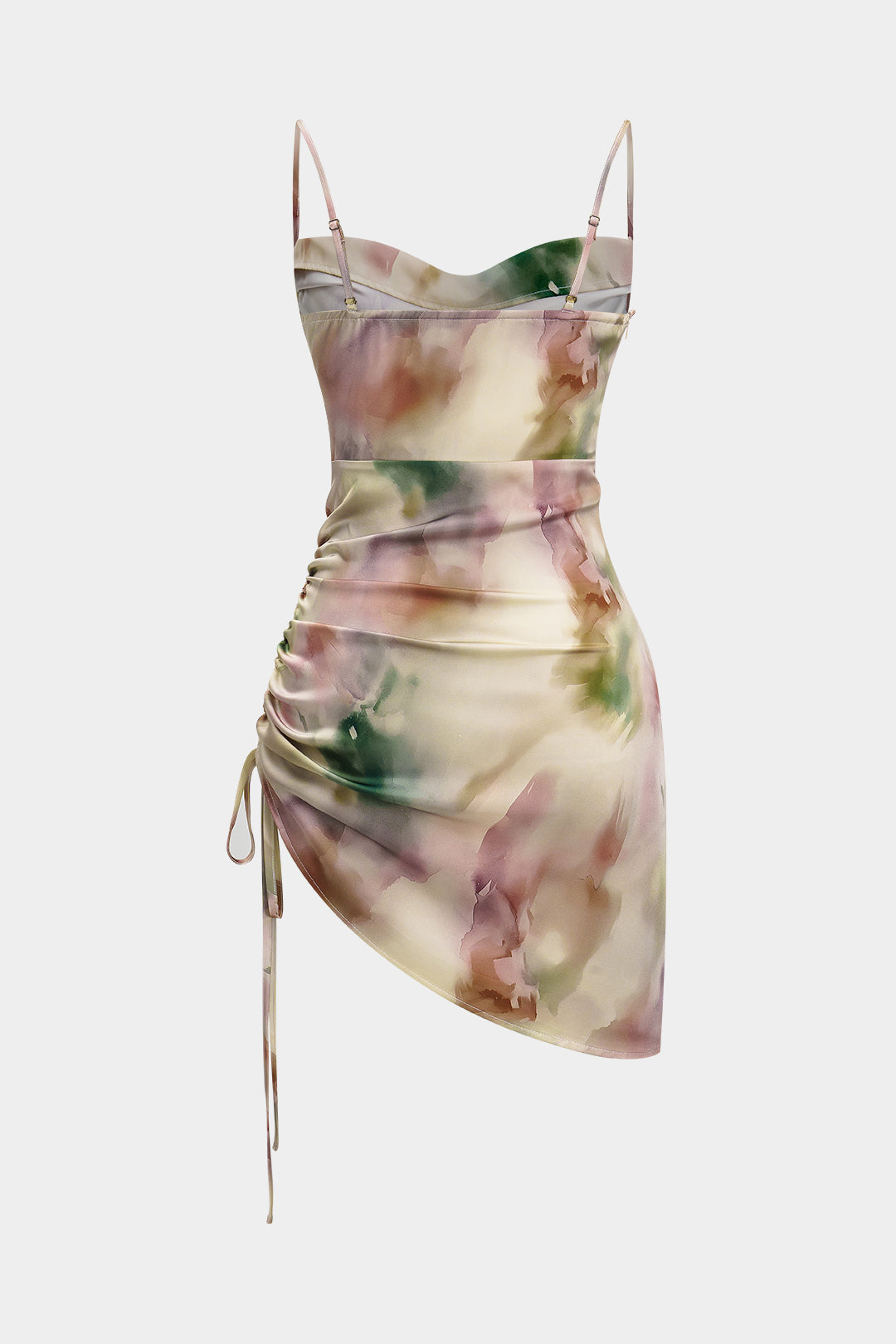 Mini sukienka bez rękawów z marszczeniem i sznurkiem w modnym stylu tie-dye