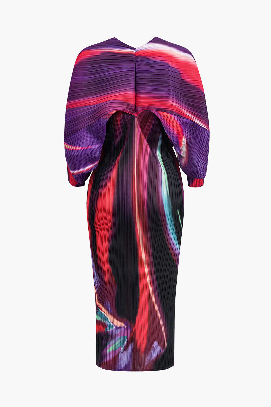 Abstract Print Maxi Dress with Pleated V-Neckline and Batwing Sleeves