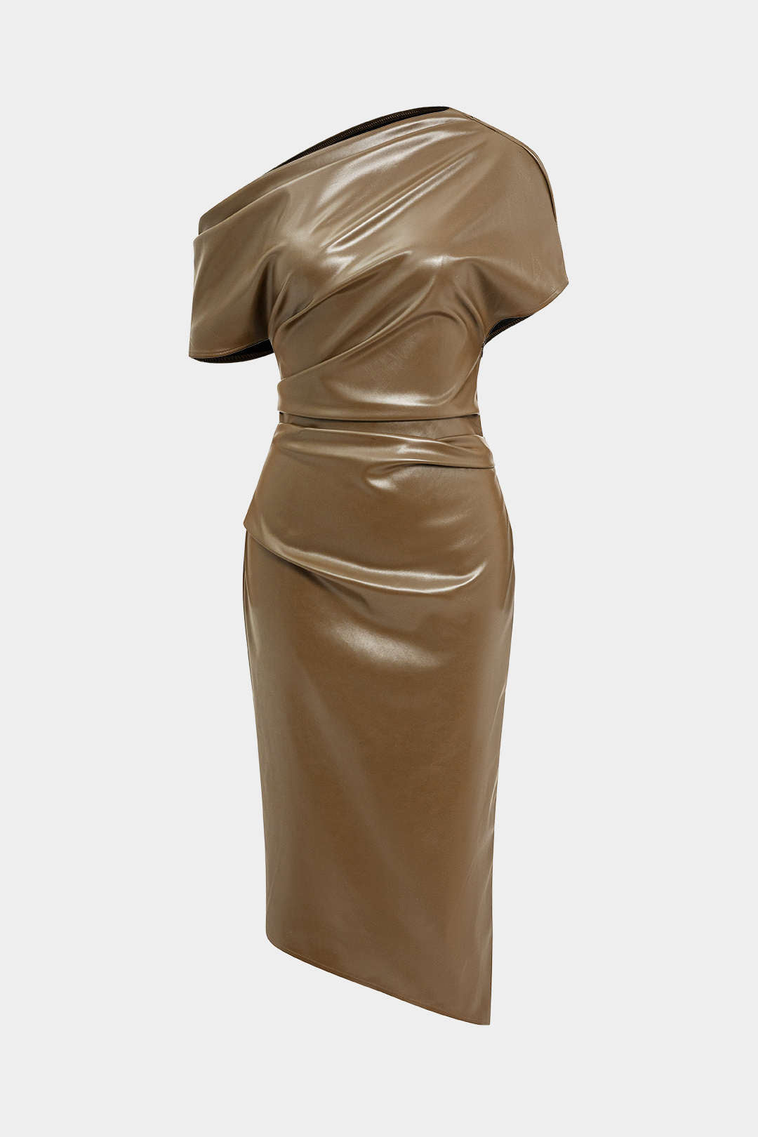 Asymmetric one-shoulder faux leather bodycon dress