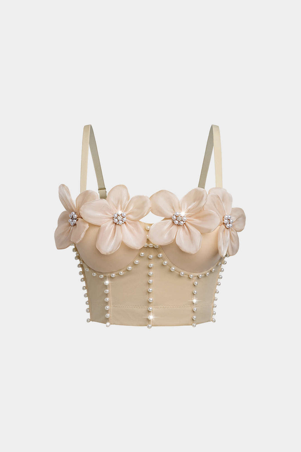 3D Floral Top with Lace Bustier, Crystals and Pearls