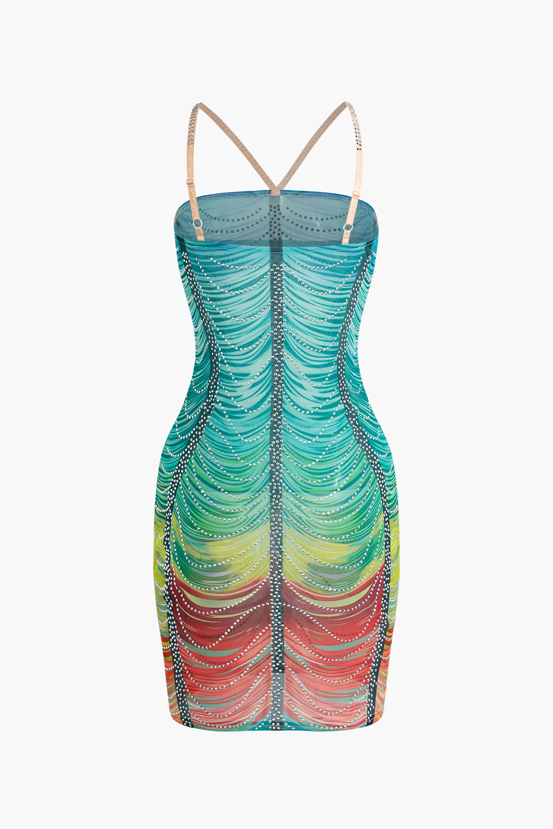 Mini Sukienka Bodycon z Kryształkami w Tęczowych Kolorach
