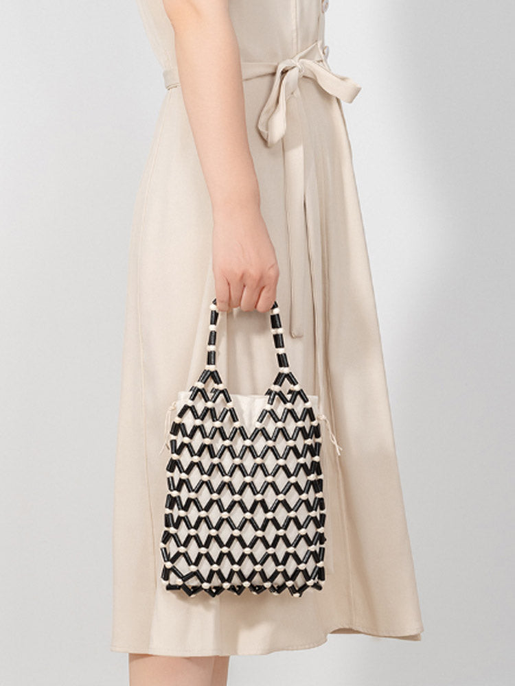 Tote Bag z Plecionymi Drewnianymi Koralikami w Kształcie Hollow-Out
