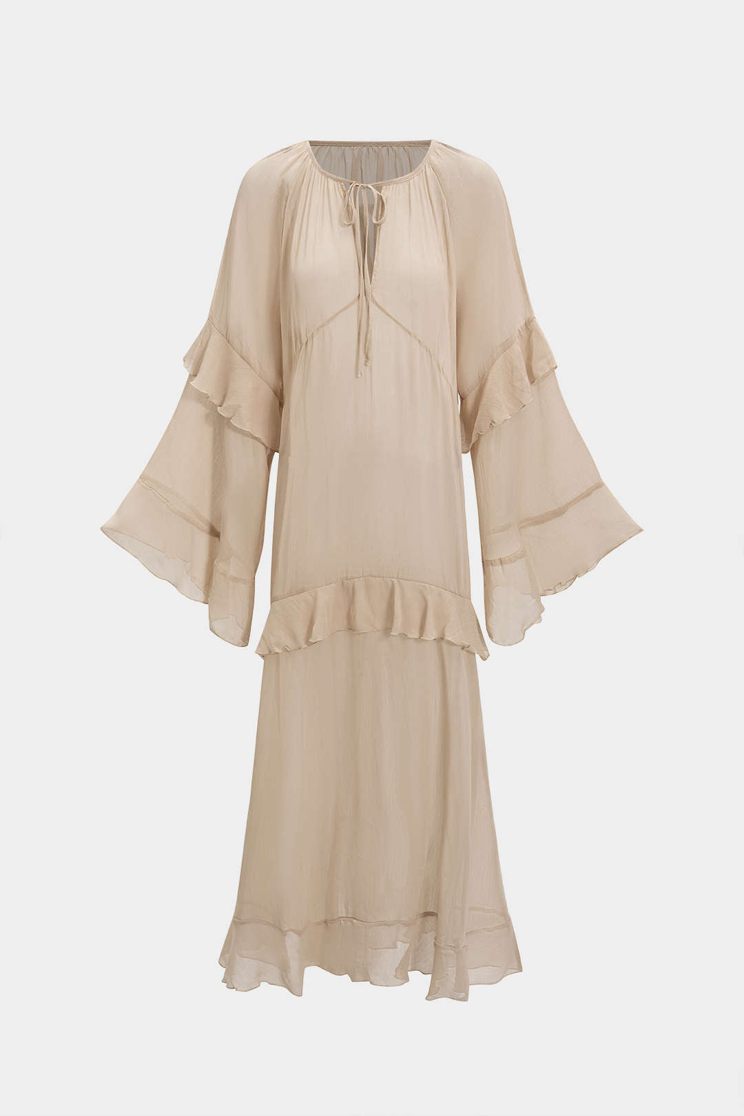 Mesh-Maxikleid mit V-Ausschnitt und Rüschen, lange Ärmel