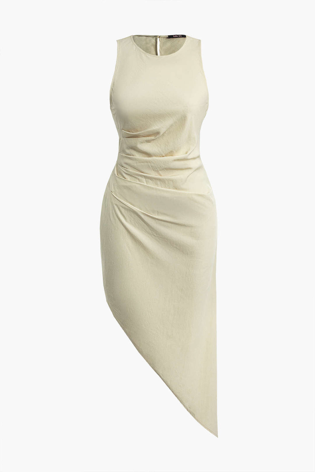 Sleeveless midi dress with ruching and asymmetrical hem