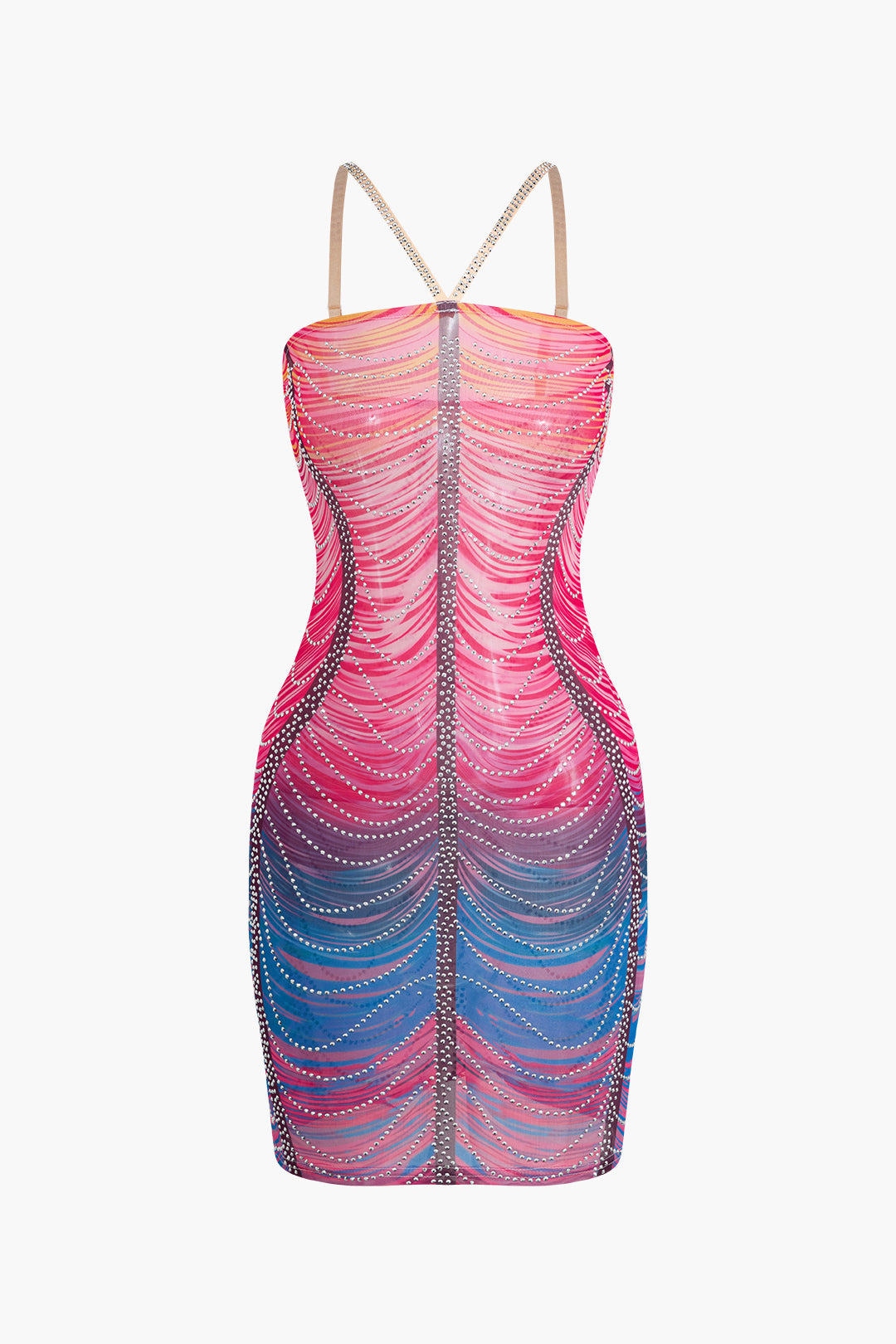 Mini Sukienka Bodycon z Kryształkami w Tęczowych Kolorach