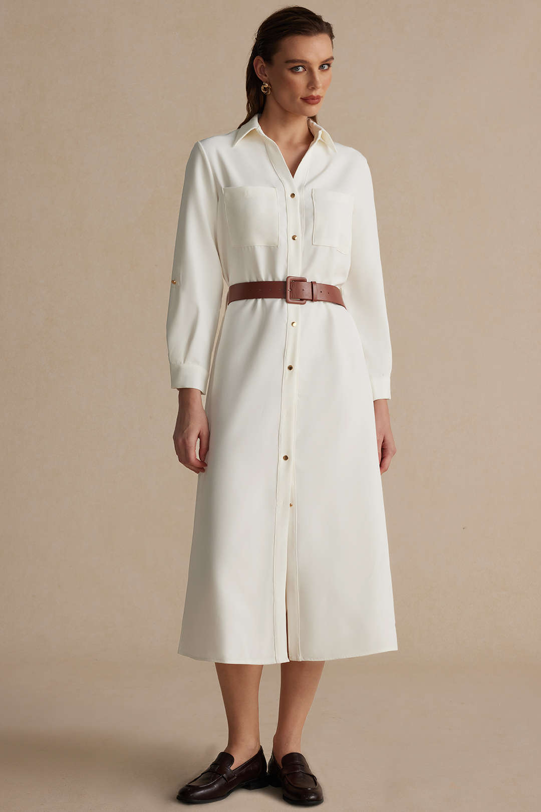 Midi dress with long sleeves, collar and belt