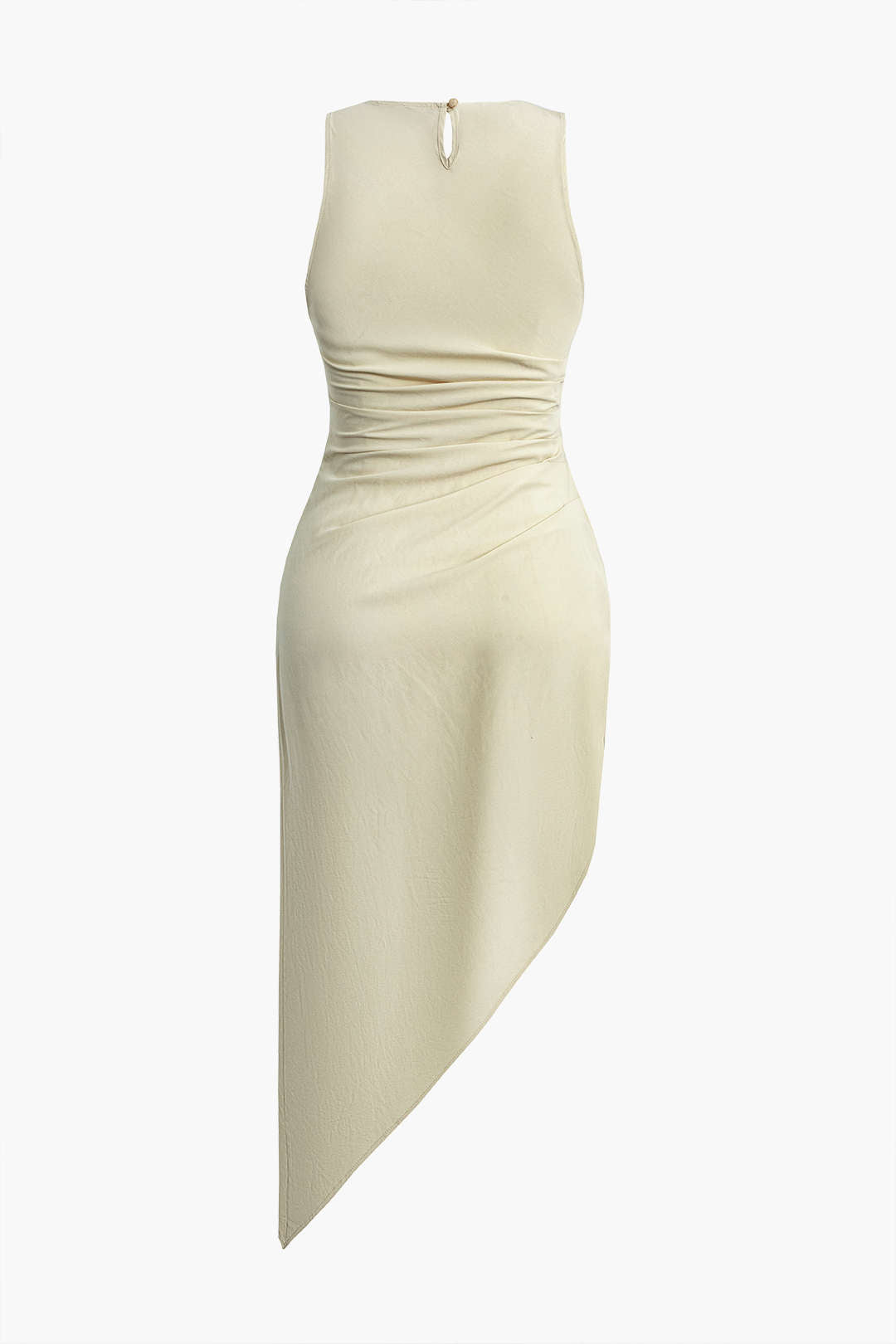 Sleeveless midi dress with ruching and asymmetrical hem