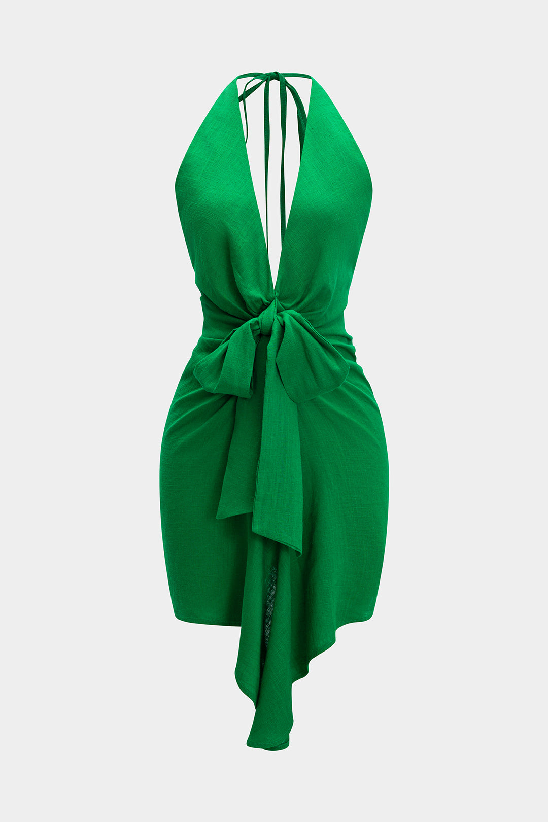 Linen V-Neck Halter Mini Dress with Tie Front and Ruched Back