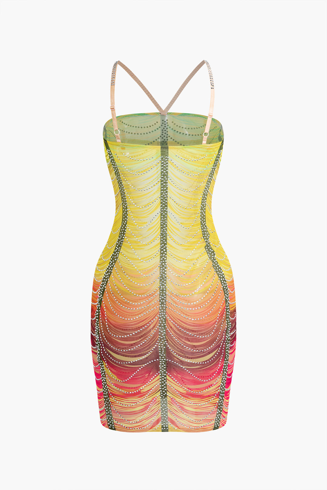 Mini Sukienka Bodycon z Kryształkami w Tęczowych Kolorach
