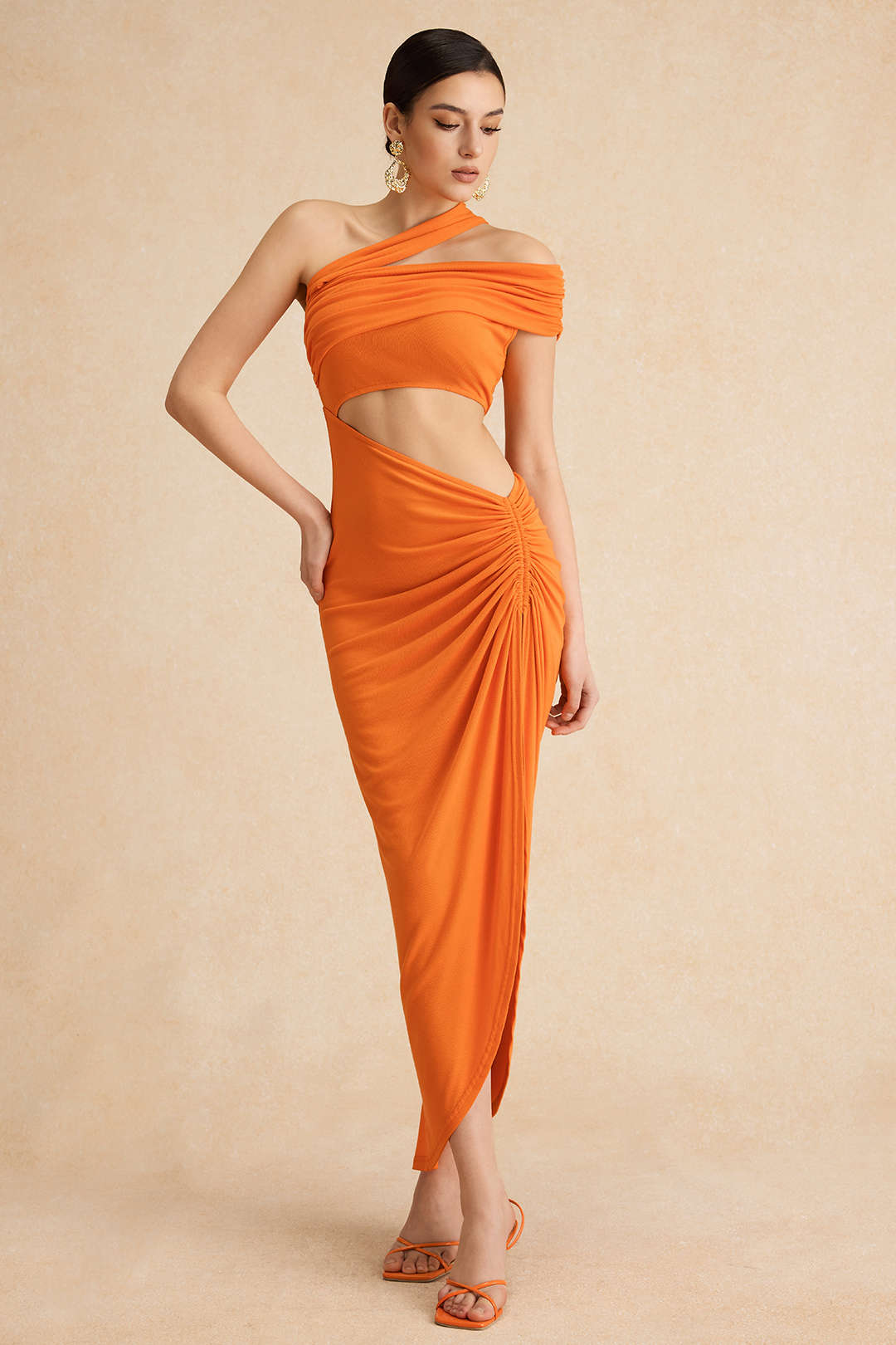Midi Dress with Asymmetrical Cut and Ruching