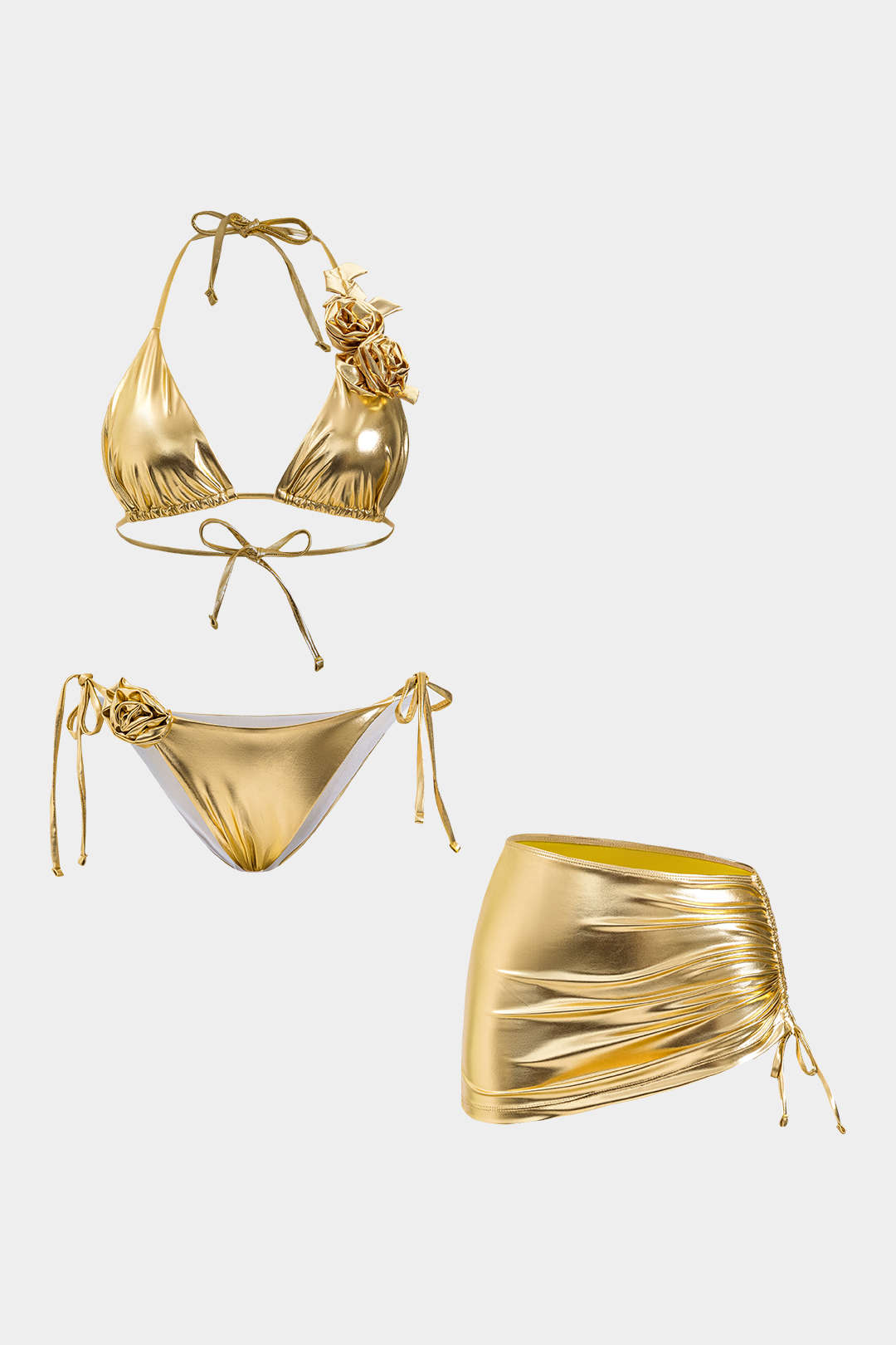 3D Kwiatowe Bikini z Regulowanym Zawiązaniem i Spódnicą
