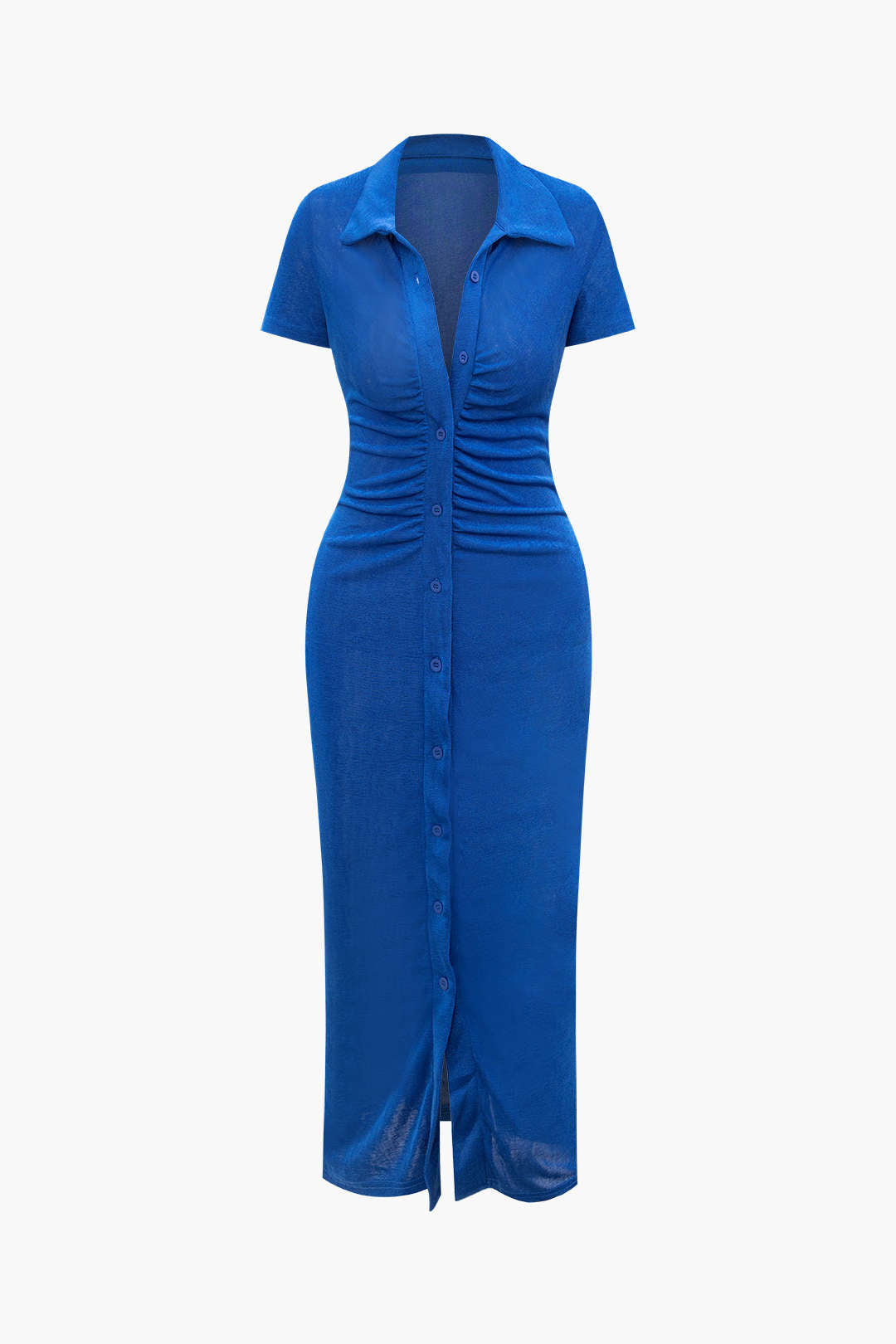 Durable Midi Dress with Ruching and Buttons at Collar