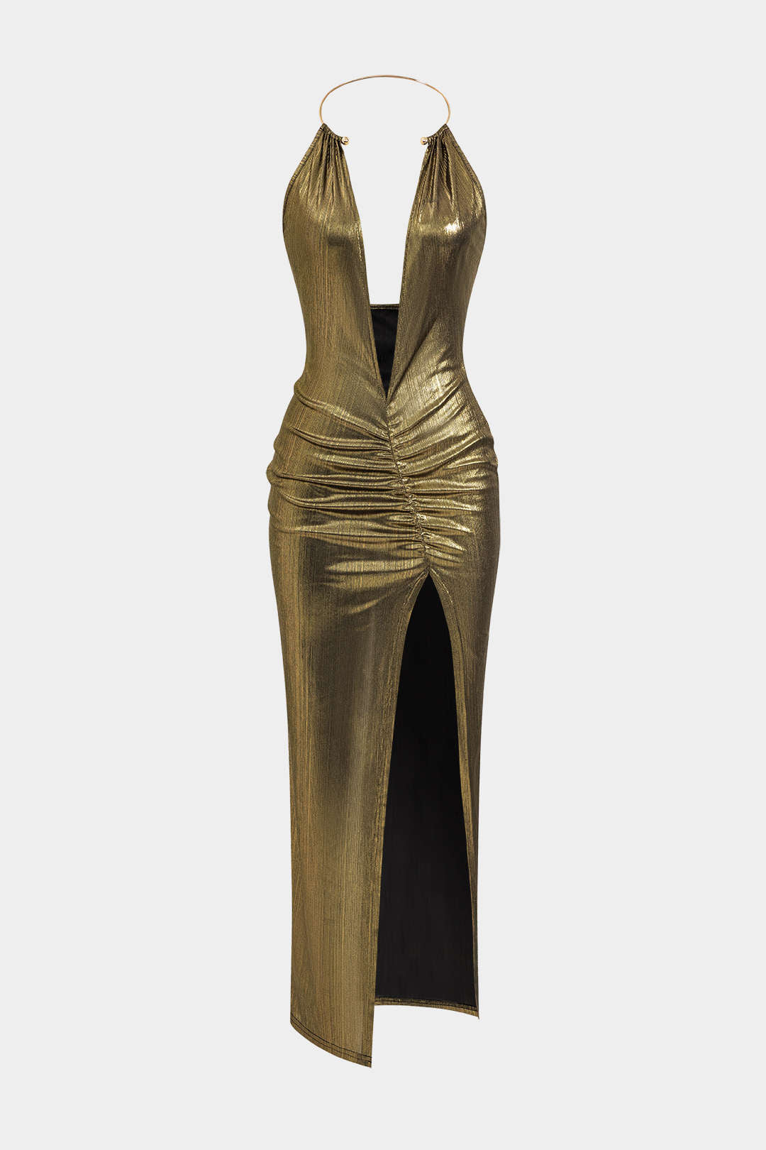 Metallic Midi Dress with Slit and Gathered Back