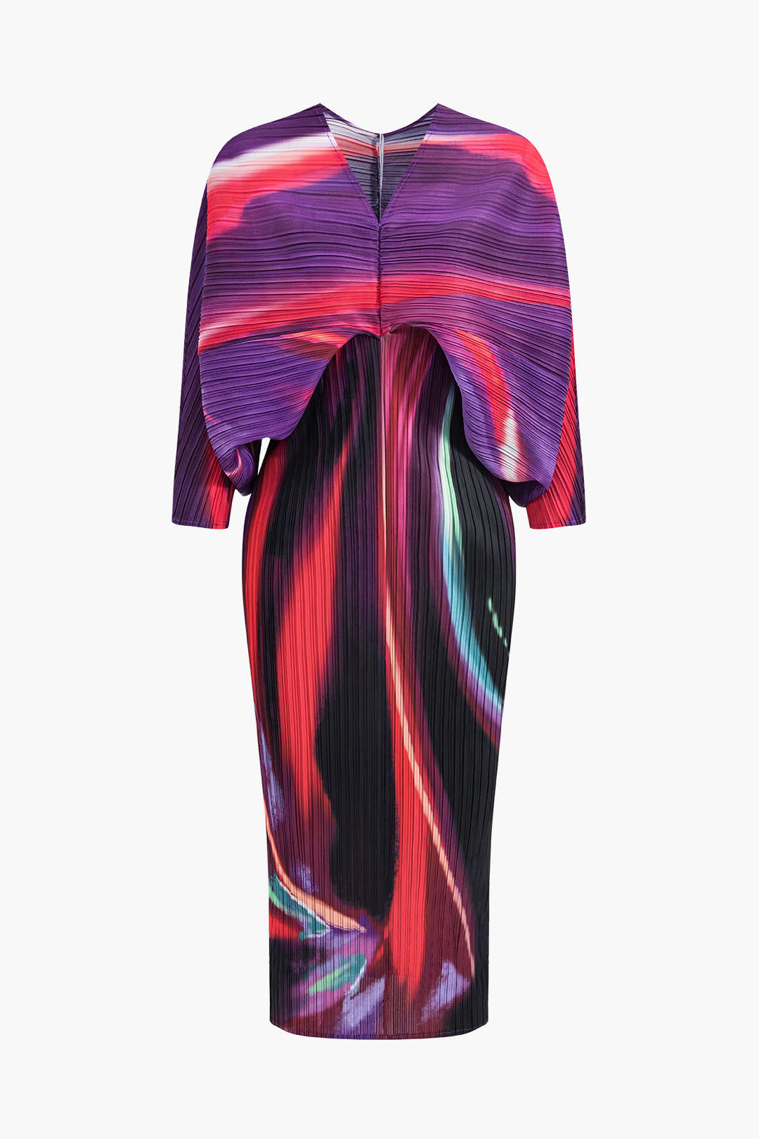 Abstract Print Maxi Dress with Pleated V-Neckline and Batwing Sleeves