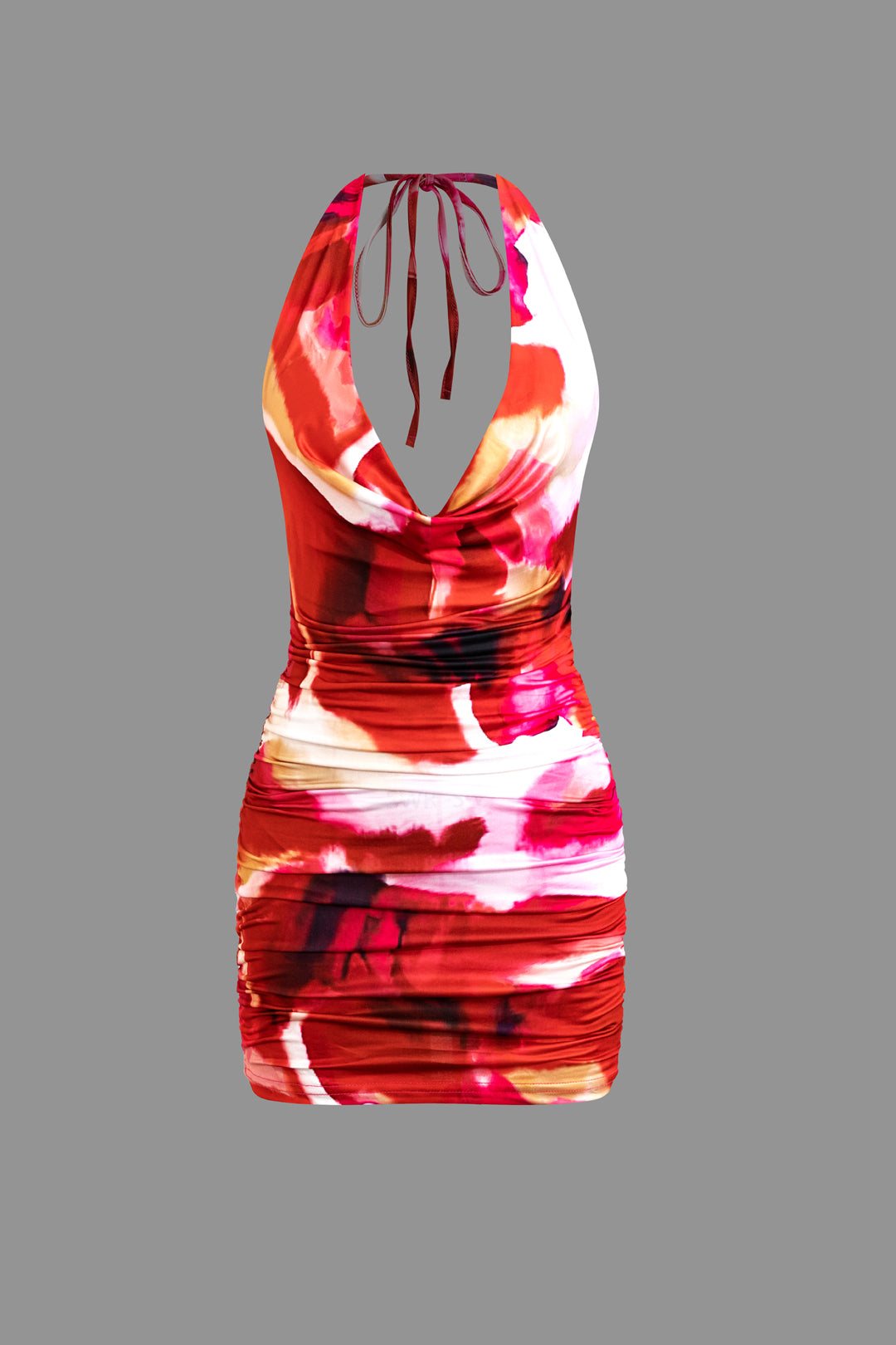 Mini Sukienka z Halterem i Dekoltem Cowl w Wzór Tie Dye