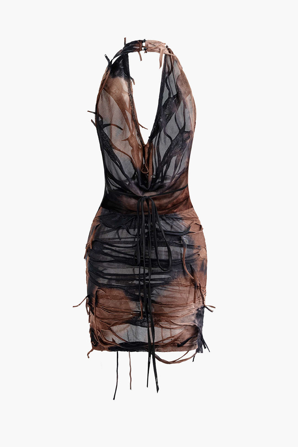 Mini Halter Dress with Backless Design and Distressed Effect